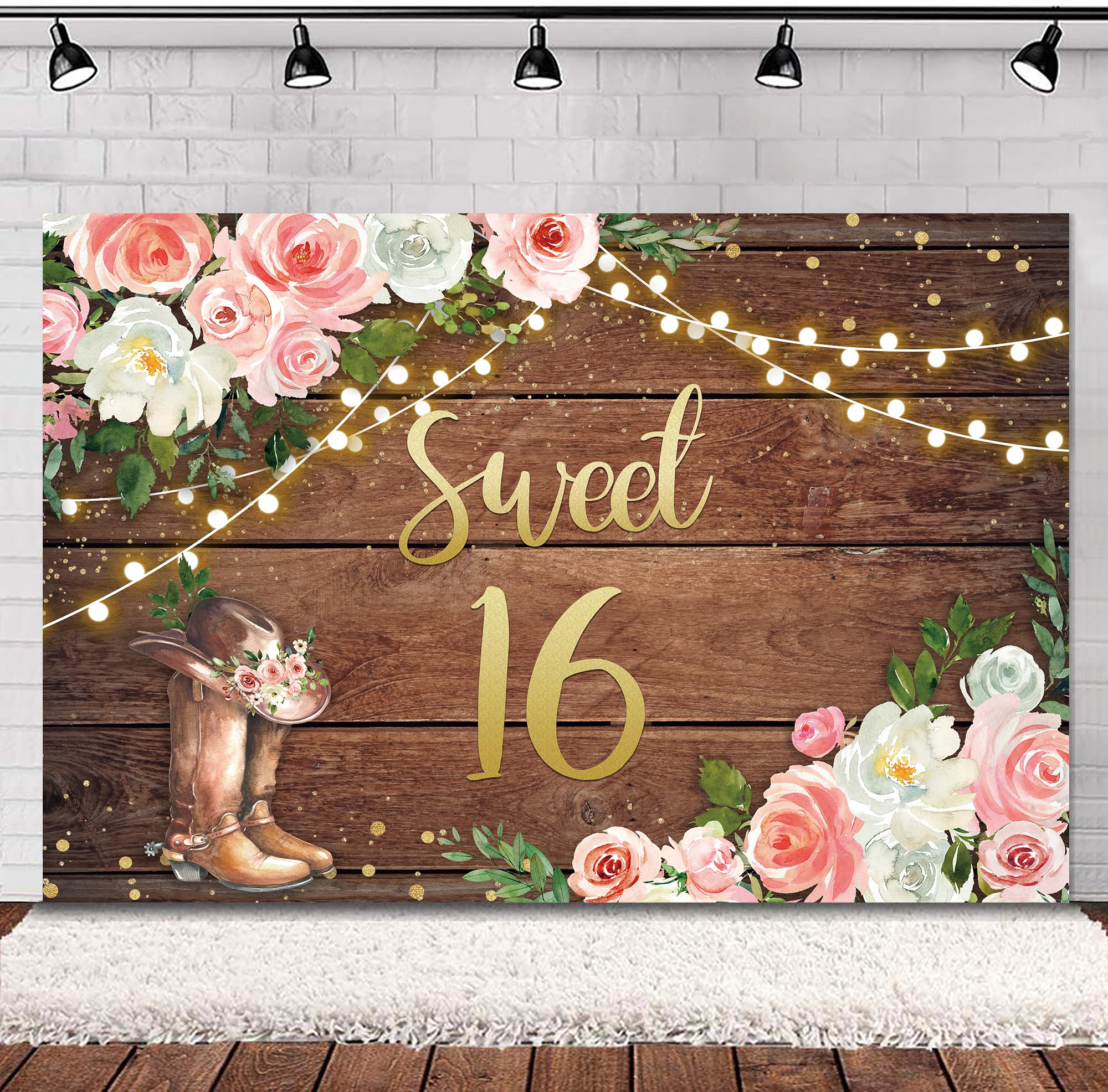 SVBright Sweet 16 Happy Birthday Backdrop 5Wx3H Cowgirl Western Rustic Wooden Plank Country Watercolor Pink Flower Floral Boots Farmhouse Decorations