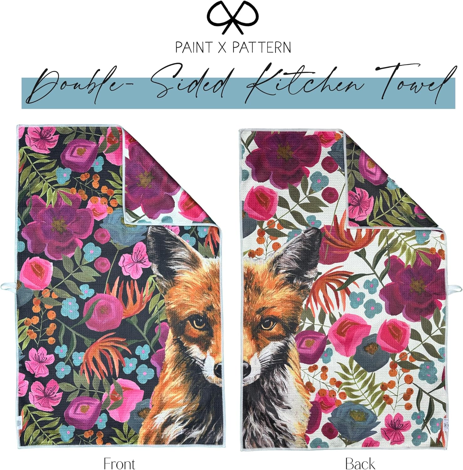 Double Sided Microfiber Waffle Kitchen Tea Towel - Quick Dry Ultra Absorbant 20 x 30 inches, Cute Critters, Multiple Colors, (Painted Floral Fox)