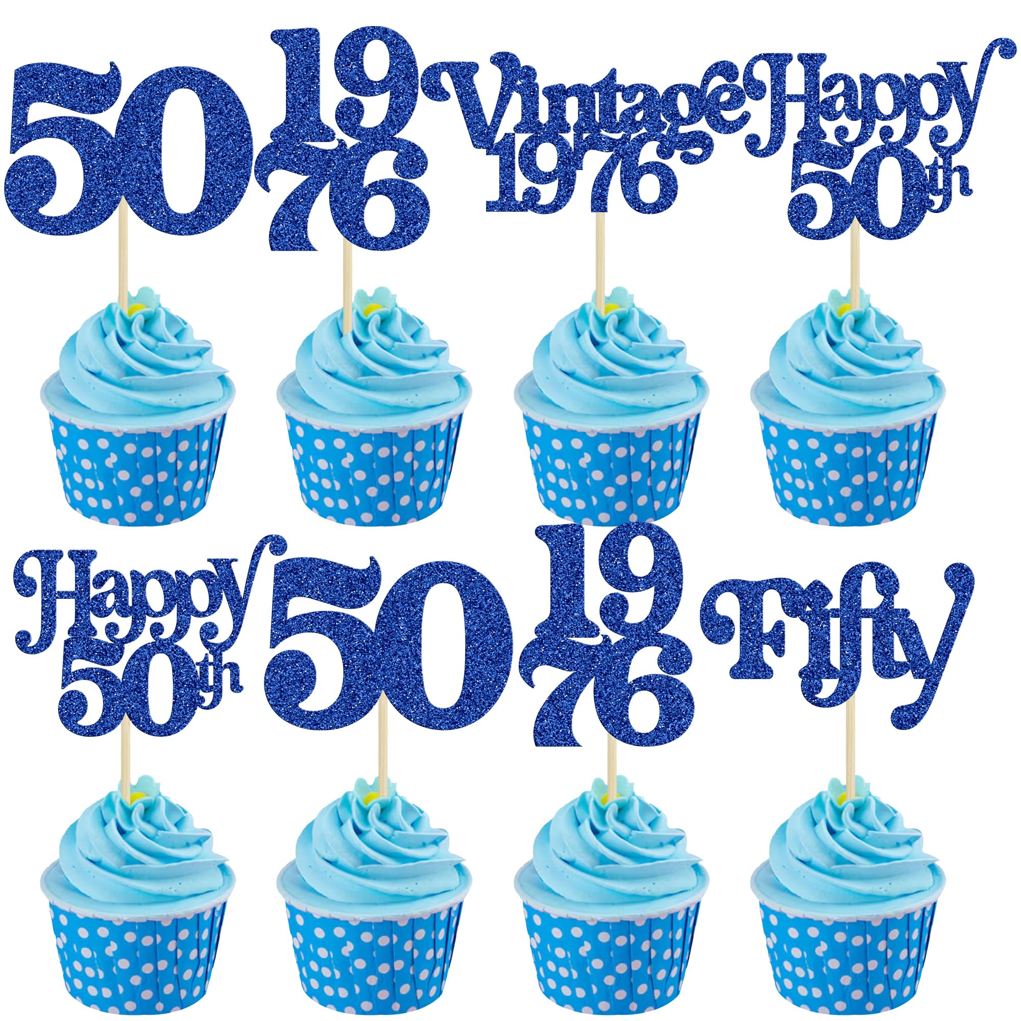 Gyufise 30Pcs 50th Birthday Cupcake Toppers Vintage 1976 Cheers to 50 Fabulous Fifty Cupcake Picks 50th Birthday Wedding Anniversary Party Cake Decorations Supplies Blue