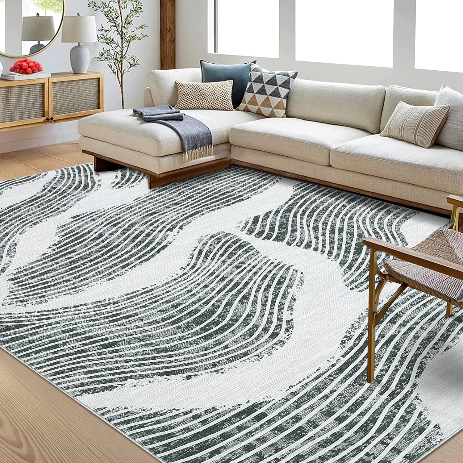 GarveeHome Large Area Rug 9x12 Machine Washable Rug Soft Non-Slip Accent Rugs Modern Abstract Throw Carpet Low Pile Lightweight Indoor Floor Cover for Living Room Bedroom Dining Room Nursery Grey
