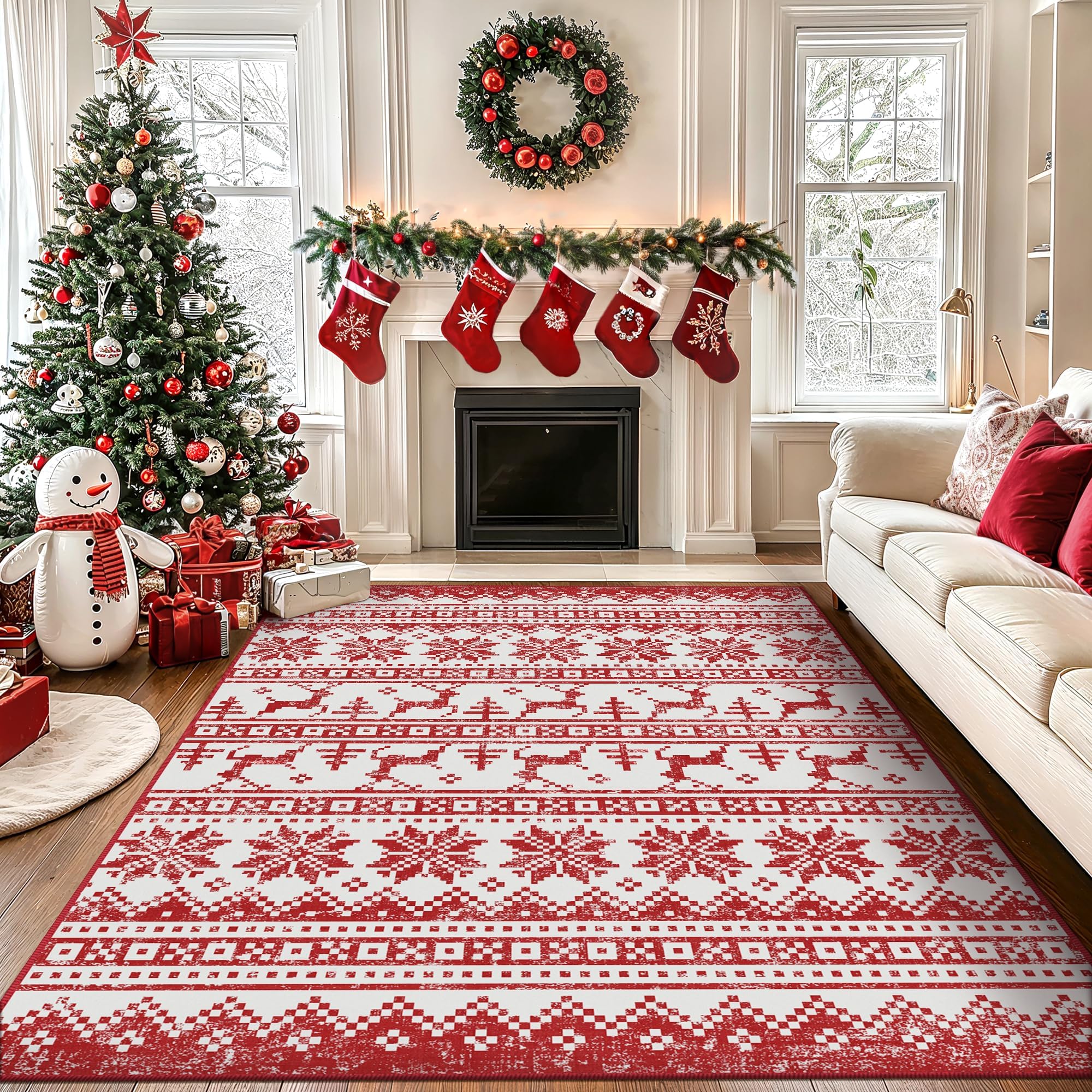 Christmas Area Rug 5x7 for Living Room Bedroom, Machine Washable Rug, Indoor Christmas Home Decor, Holiday Print Red Carpet, Low Pile Non Slip Rug with Rubber Backing, Snowflake Print