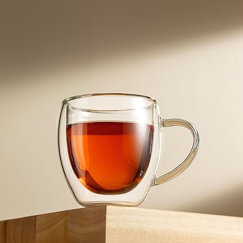 Miniatura 6 de CNGLASS Tazas de espresso de 5 onzas (juego de 4), tazas de café de vidrio con aislamiento de doble pared con asa, vasos de chupito de espresso,