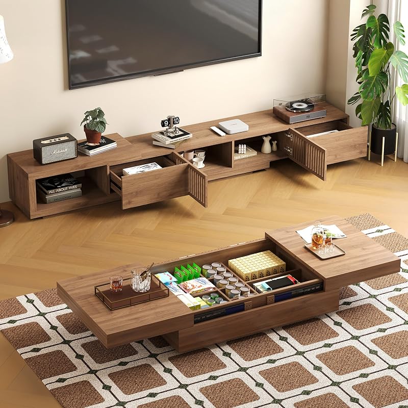 Mid‑Century Modern Expandable Table Set,Walnut Finish,TV Stand image 6