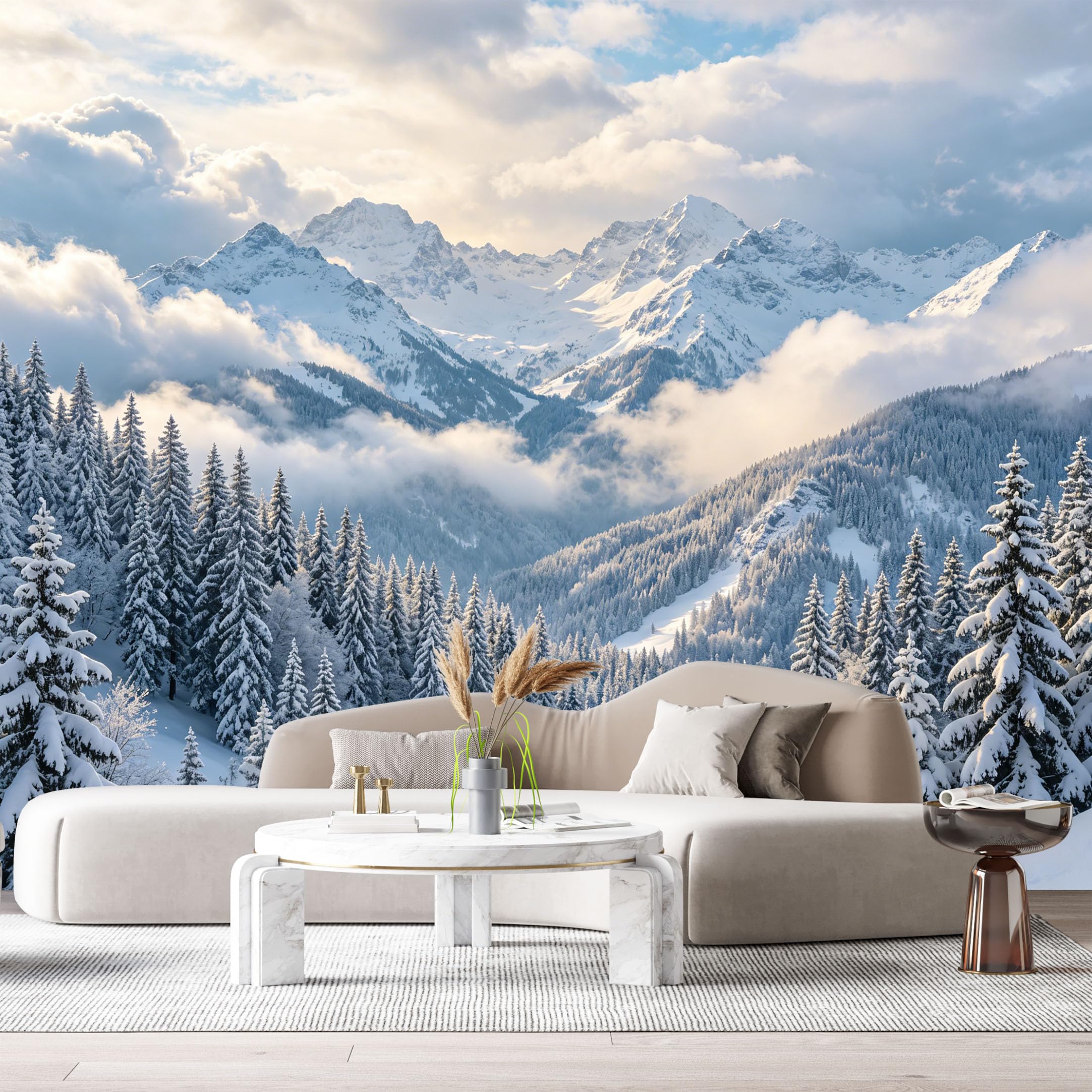 Custom Size Wall Murals Mountain Lake Landscape Snow Covered Pine Trees 3D Trompe L'Oeil SelfAdhesive Wall Fabric Removable Large Wallpaper for Photo Living Room