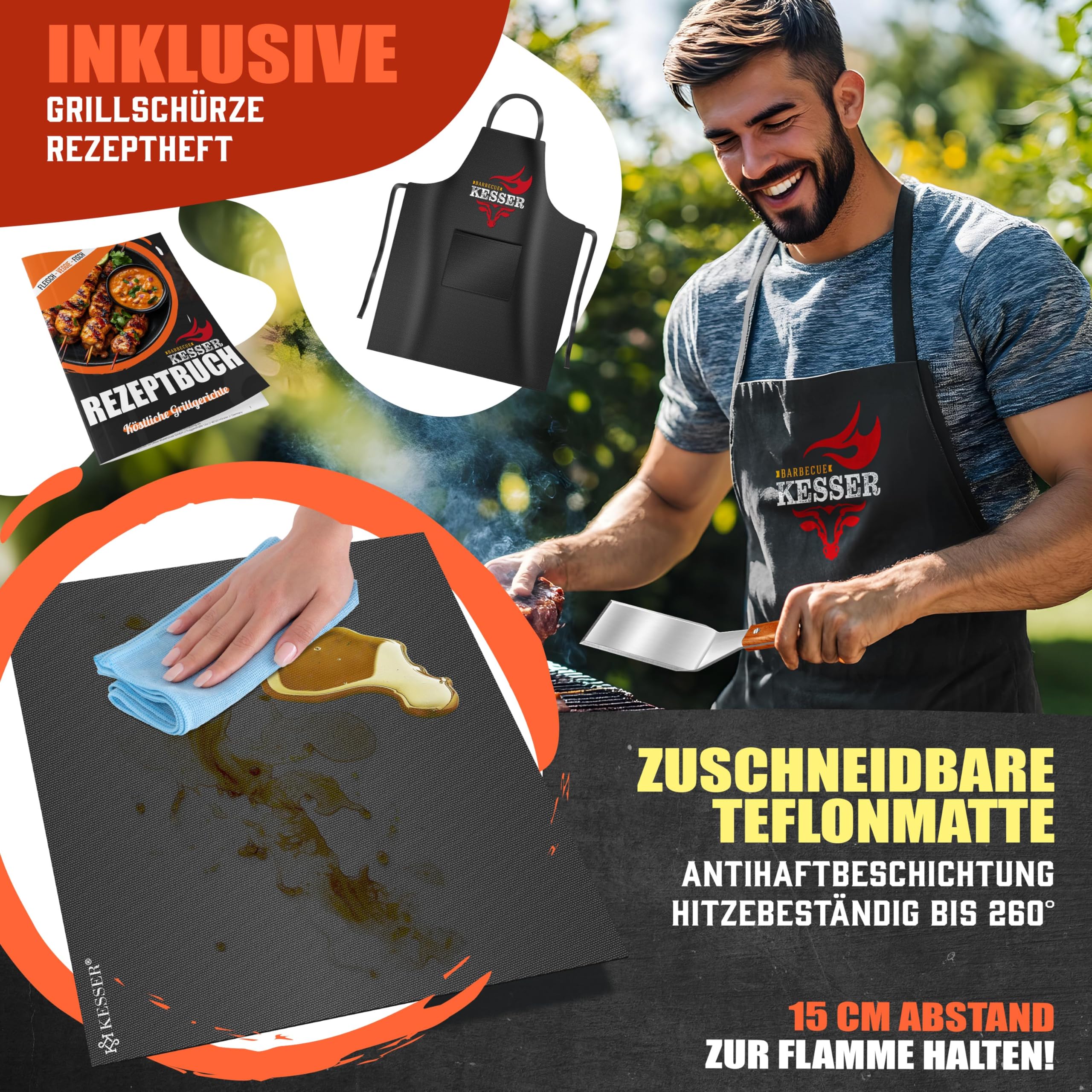 KESSER® Grillplatte Plancha aus Edelstahl 40x30cm rostfrei mit Fettablauf, hitzebeständig bis 800°C & Spülmaschinenfest für Gas & Holzkohlegrill inkl. 2 Spatel, Grillschürze, Grillmatte & Rezeptbuch