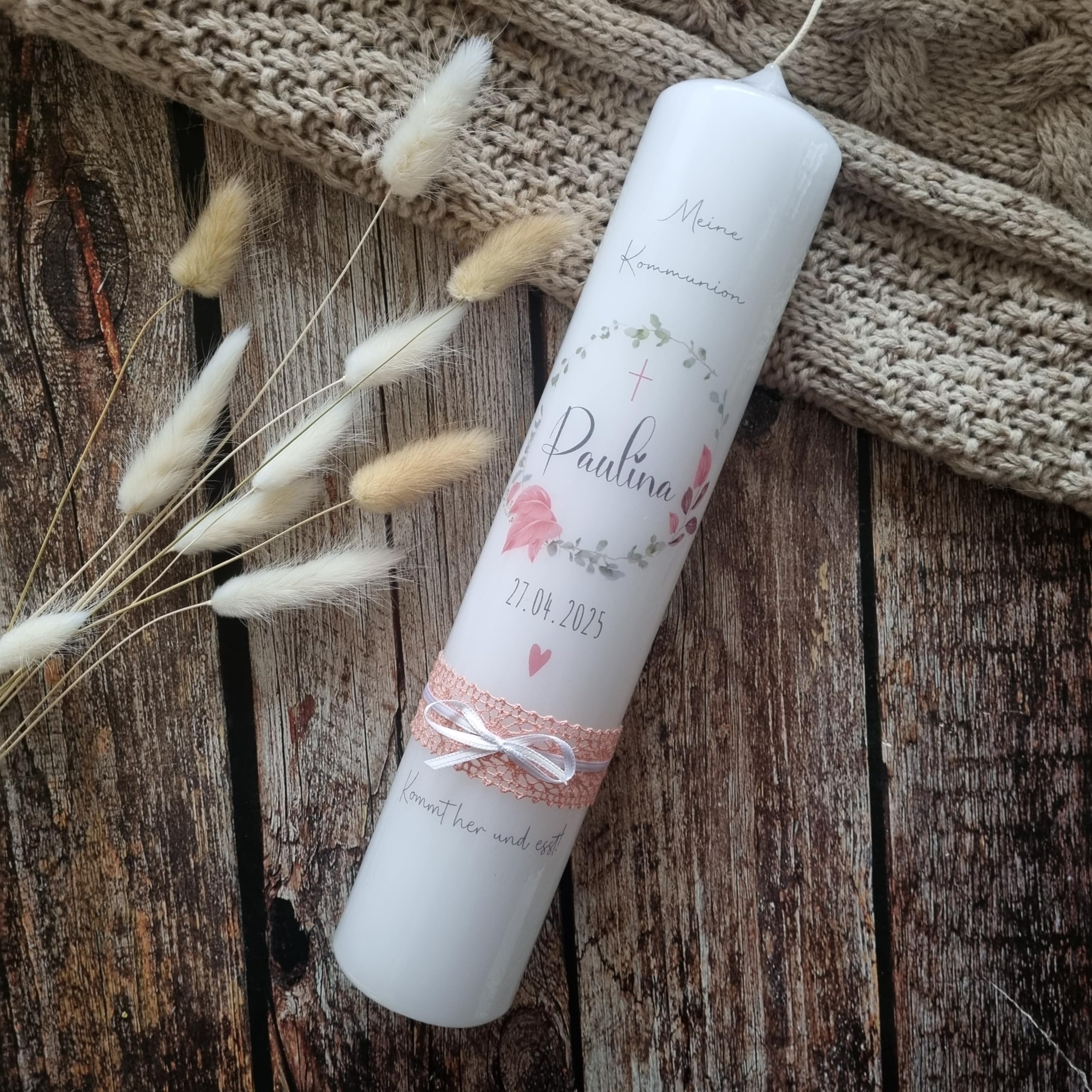 Candela per comunione personalizzata con nome e data, design eucalipto, moderna candela per battesimo per ragazzi | regalo per la prima comunione