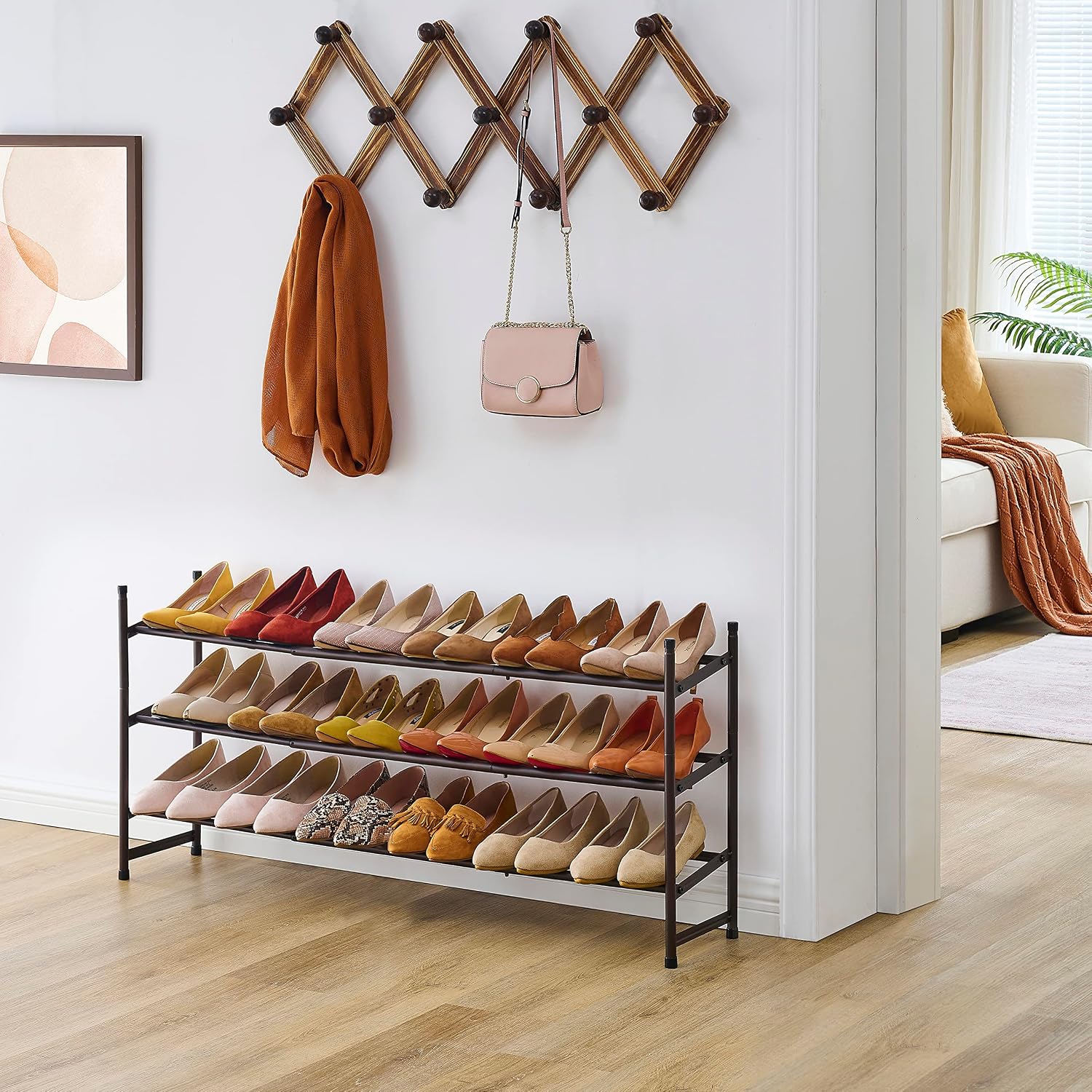 Tajsoon Expandable Shoe Rack Organizer, 3 Tier Adjustable Shoe Shelf, Metal Iron Shoe Storage Organizer for Closet Bedroom Entryway, Bronze