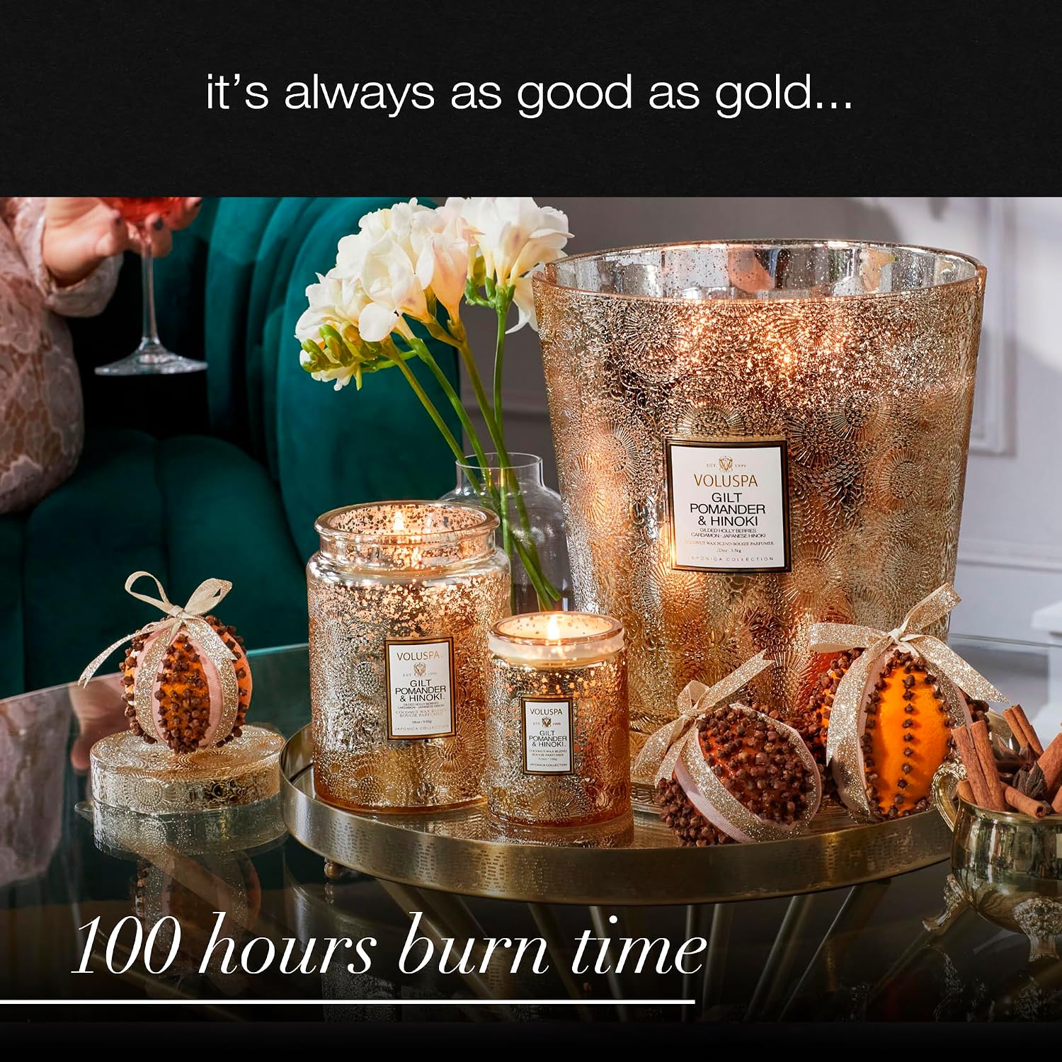 Gilt Pomander Hinoki, Large Candle Jar, 18 oz, 100 Hour Burn Time, Coconut Wax for Clean Burning, Handcrafted in the USA
