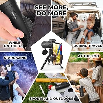 12x52 Monocular Telescope with Smartphone Adapter and Upgraded Tripod, HD Handheld Telescope - High Powered Monocular Scope for Adults - Birdwatching - Gifts for Men Him Dad Husband Boyfriend (Black)