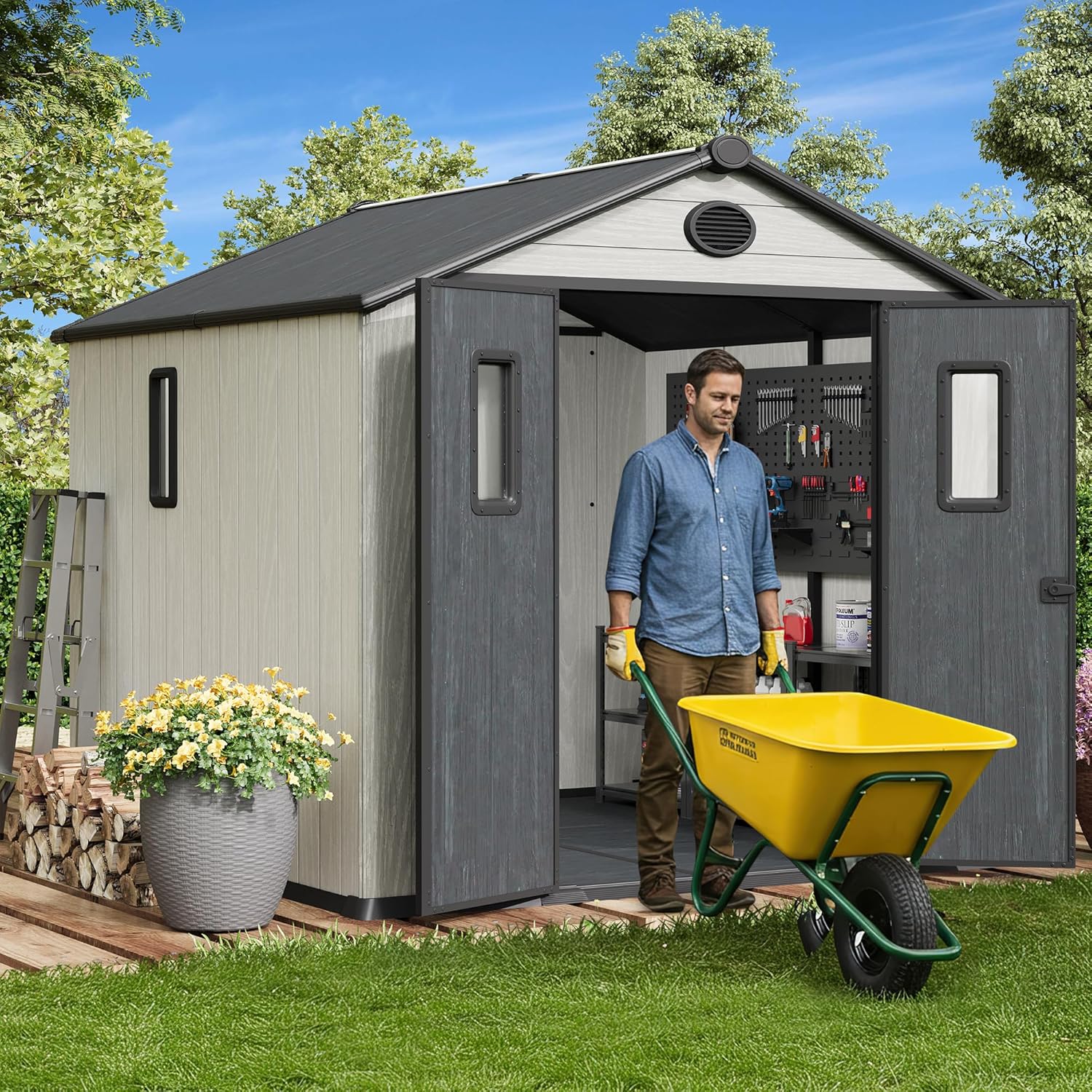 Bezseller 8x8 Resin Storage Shed with Floor, Outdoor Plastic Shed for Backyard, Lawn Equipment & Patio Furniture, Waterproof UV-Resistant Tool Shed with Interlocking Panels, White