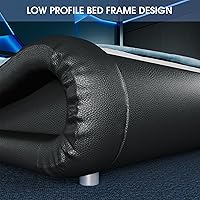 Vista 6 de WEEWAY Moderno marco de cama matrimonial con cabecera de luces LED RGBW, diseño de trineo tapizado de perfil bajo, soporte de listones de madera