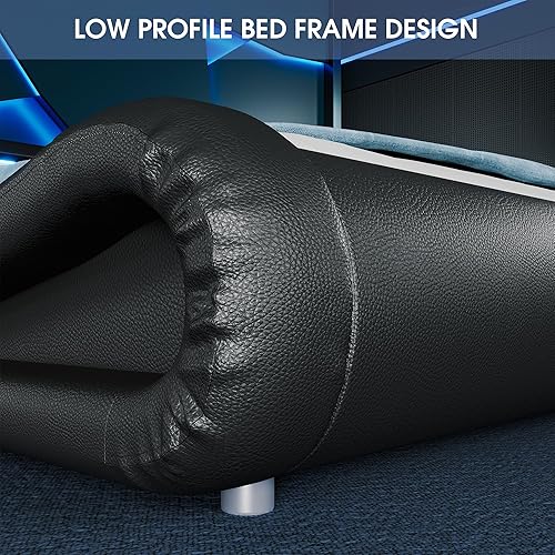 Miniatura 6 de WEEWAY Base de cama moderna tamaño Queen con cabecera de luces LED RGBW, diseño de trineo tapizado de perfil bajo, soporte de listones de madera