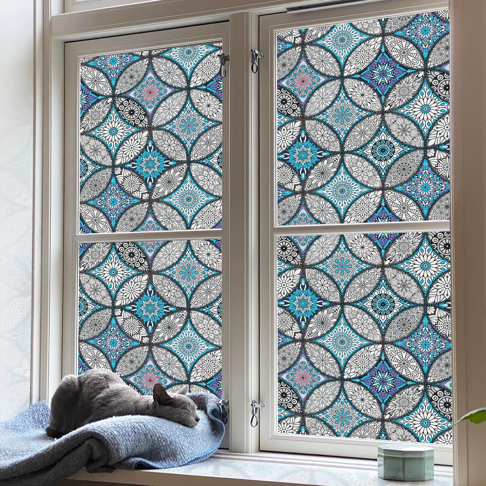 JiffDiff Blue Window Privacy Film Decorative Window Tint Film Stained Glass Window Clings Static Cling Decorative Window Film Sun Blocking Heat Control Window Covering Film for Home