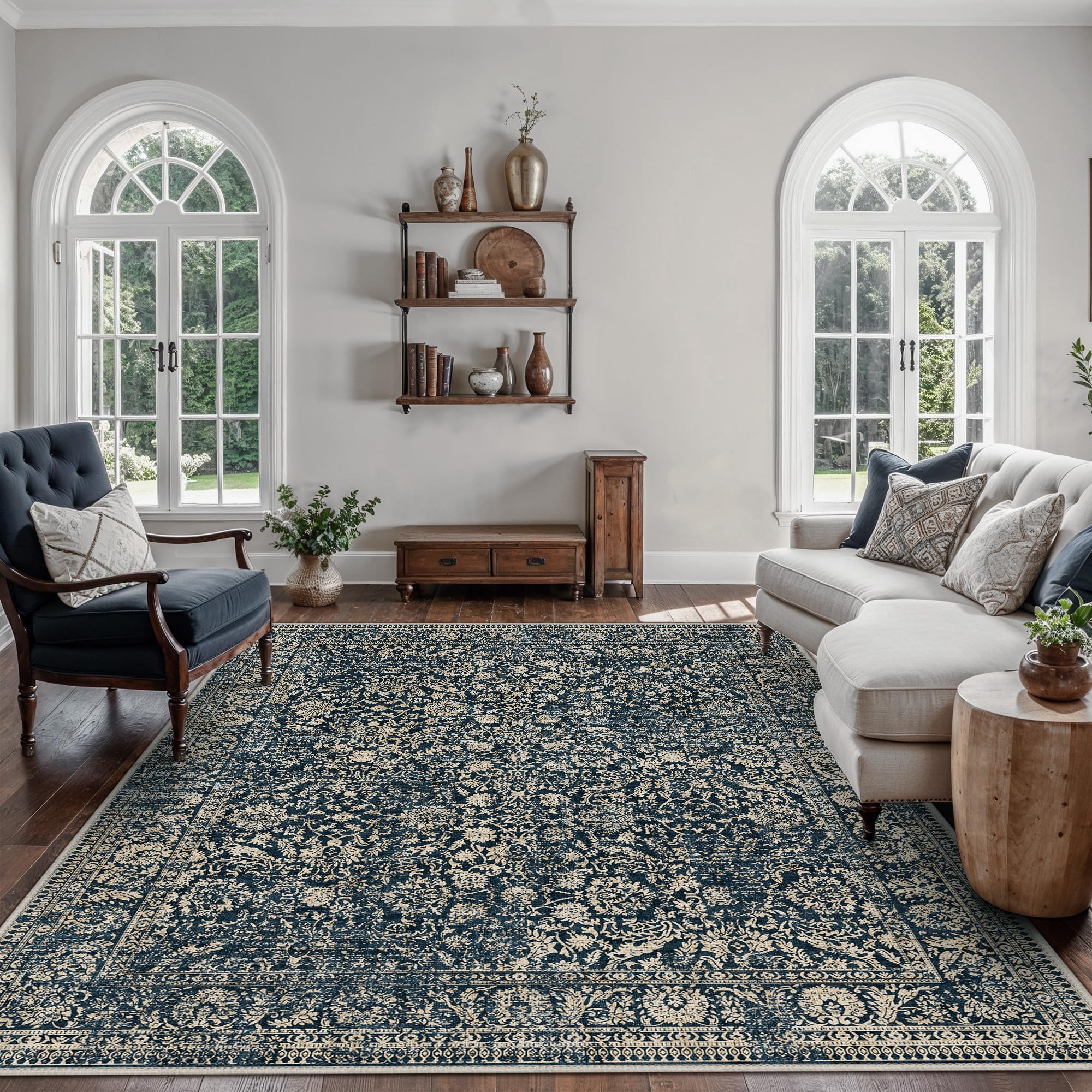 Bavni Area Rugs for Living Room, Machine Washable Rug Lightweight Low Pile, Non Slip Boho Rugs with Rubber Backing, Floral Print Carpet for Bedroom Dinning Room, Tulip Blue