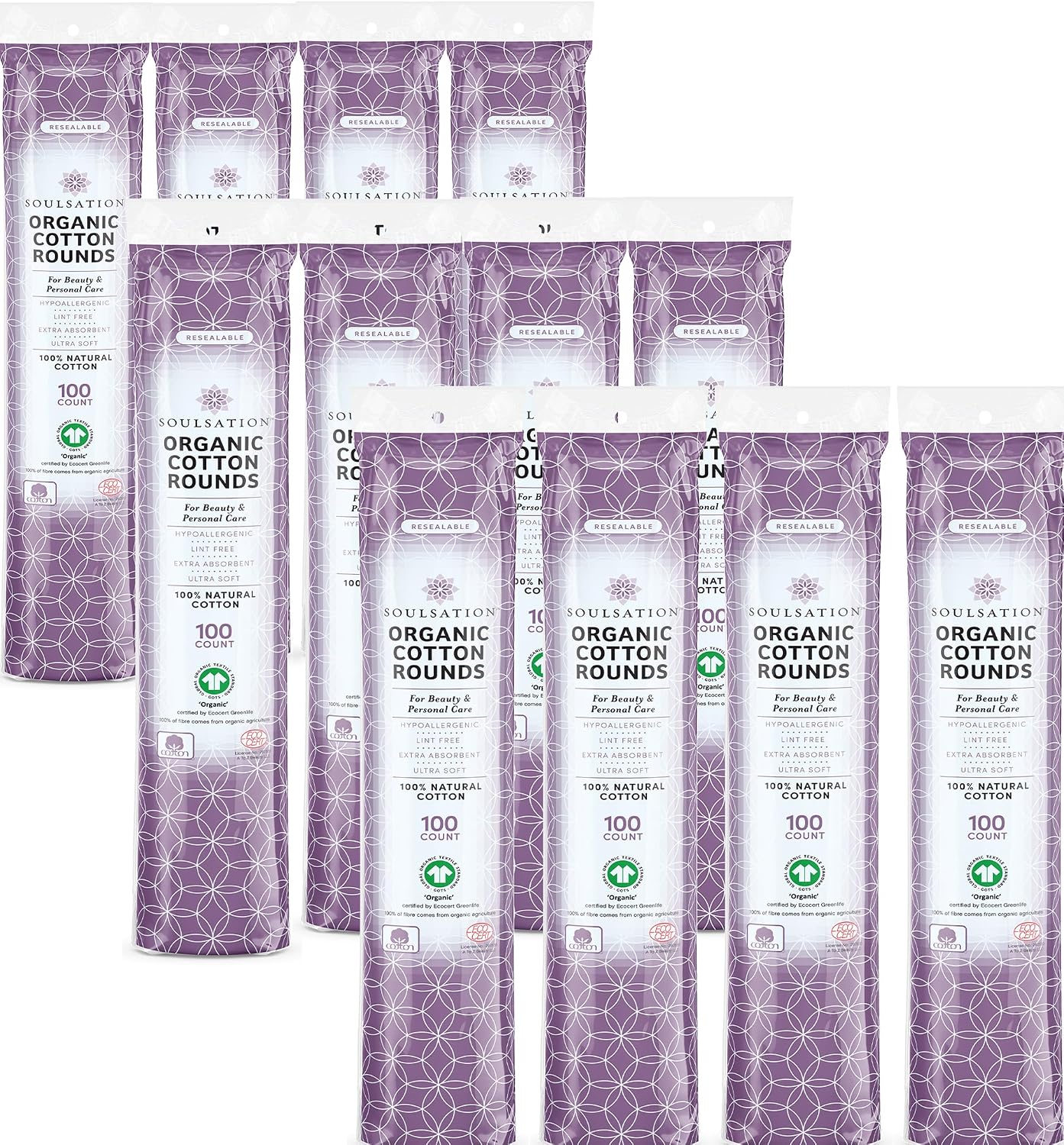 SoulSation Organic Cotton Rounds, 400 Count - Makeup Remover Pads for Face, Lint-Free