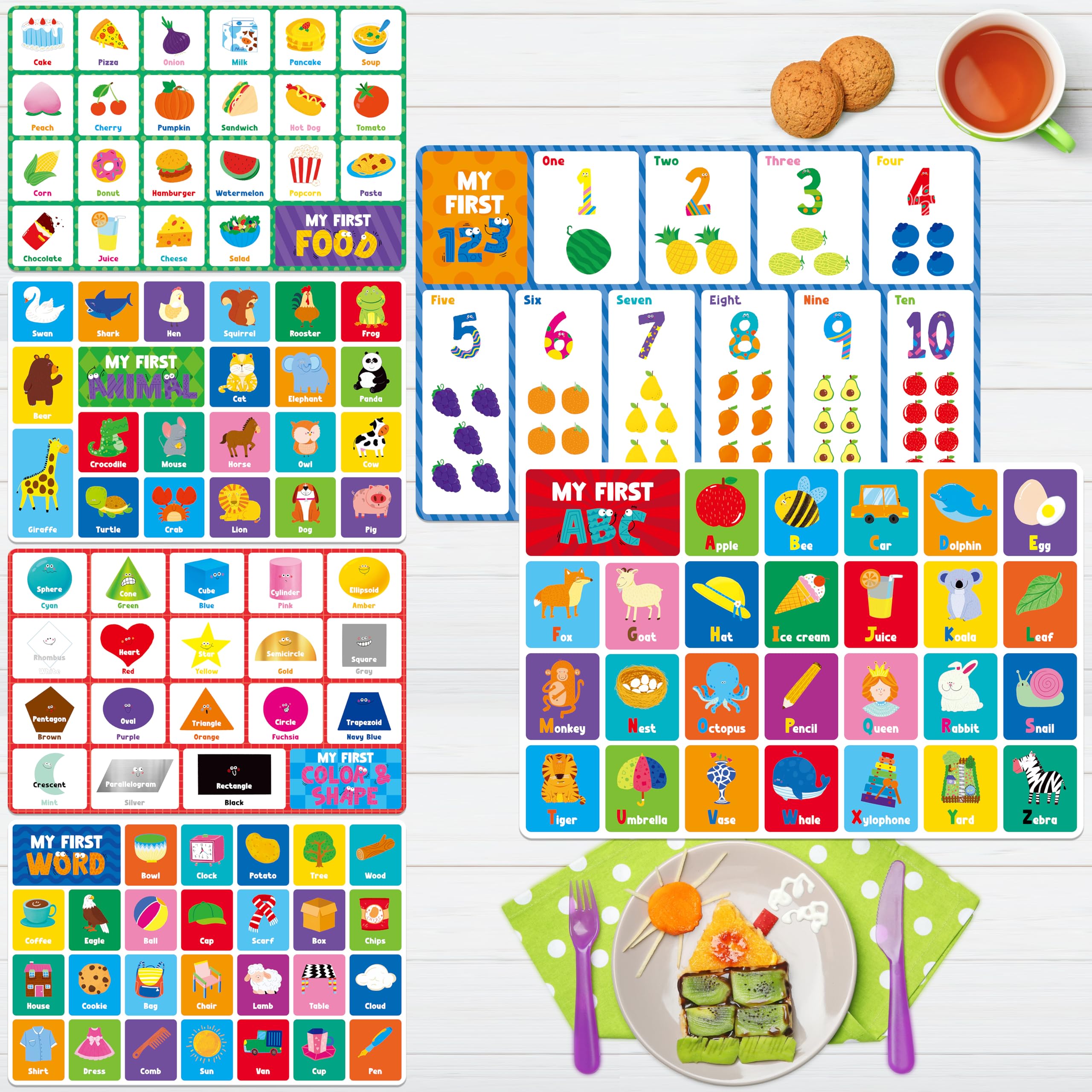6 Pack Placemats for Kids, Non-Slip Washable Table Mat, Reusable Alphabet, Numbers, First Words, Shapes & Colors, Animals, Foods Placemats for Home, Kindergarten, Classroom, Nursery
