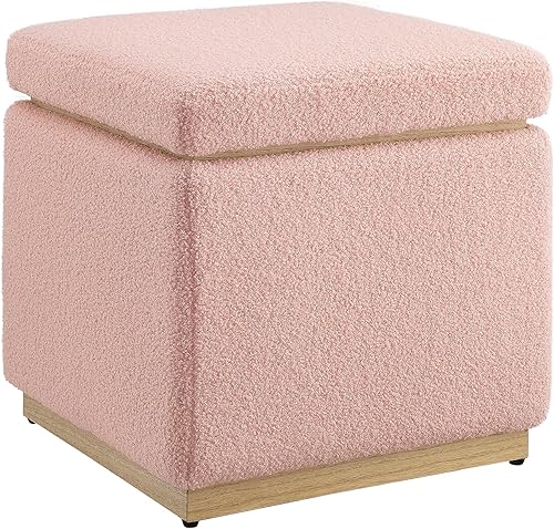 Linon Blush Sherpa Lexington - Otomana cuadrada tapizada con decoración de madera de pino