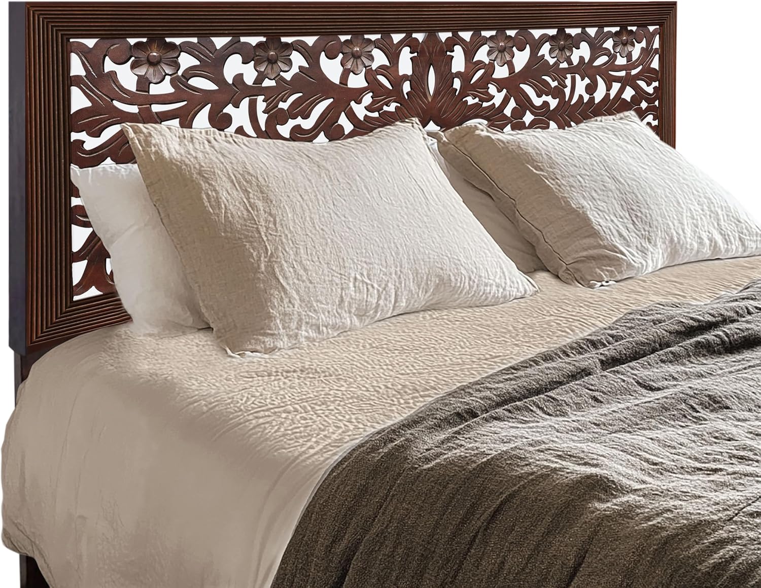 COTTON CRAFT Solid Wood Sturdy Queen Headboard - Compatible with All Bed Frame - Intricate Hand Carved Rajasthan Motif - Bohemian Transitional - Beautiful for Any Bedroom - Rustic Antique Brown