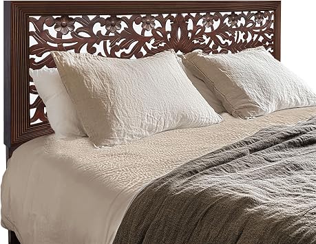 COTTON CRAFT Solid Wood Sturdy Queen Headboard - Rustic Antique Brown | Compatible with All Bed Frames - Intricate Hand Carved Rajasthan Motif - Bohemian Transitional - Beautiful for Any Bedroom