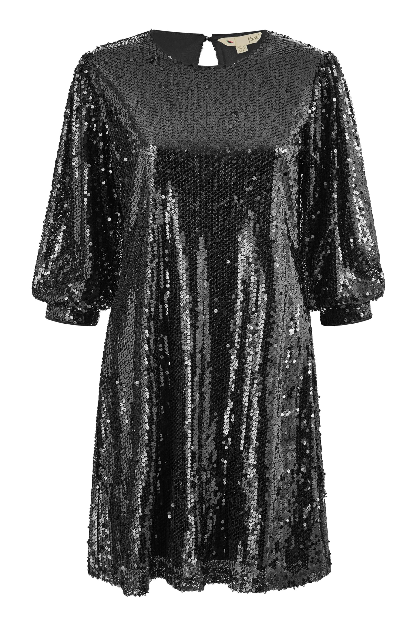 Yumi Women's Black Sequin Tunic Dress With Balloon Sleeves Size 16