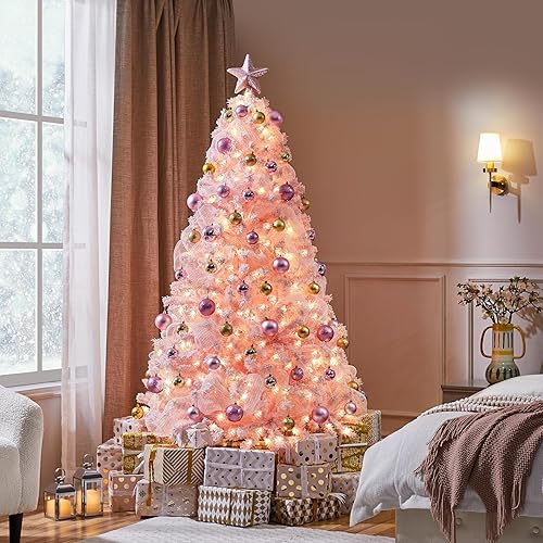 Vista 97 de Yaheetech - Árbol artificial de Navidad con luces incandescentes de color blanco cálido, con flecos nevados, 2084 ramas, 900 luces y soporte Verde