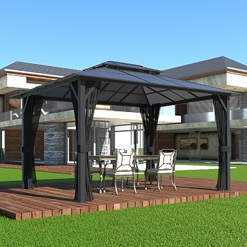 Yardenaler Outdoor 10x13 FT Hardtop Gazebo Canopy with Double Polycarbonate Roof, Permanent Outdoor Pavilion with Mesh Netting for Patio, Garden, Backyard, Black