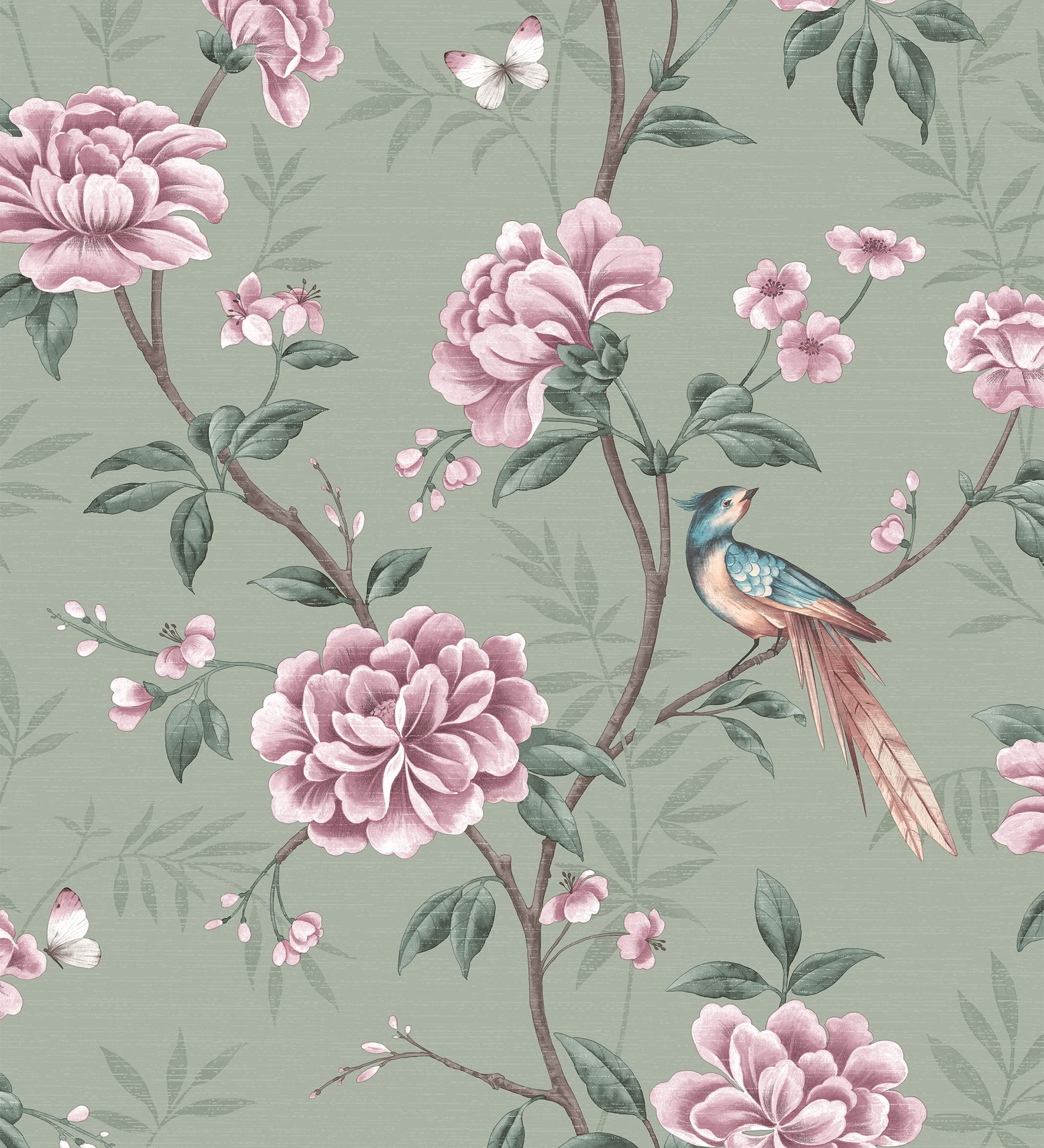 GAULAN 681988 - Papel pintado de pájaros y flores fondo texturizado efecto fibra vegetal verde para pared salón cocina baño dormitorio comedor - Rollo de 10 m x 0,52 m