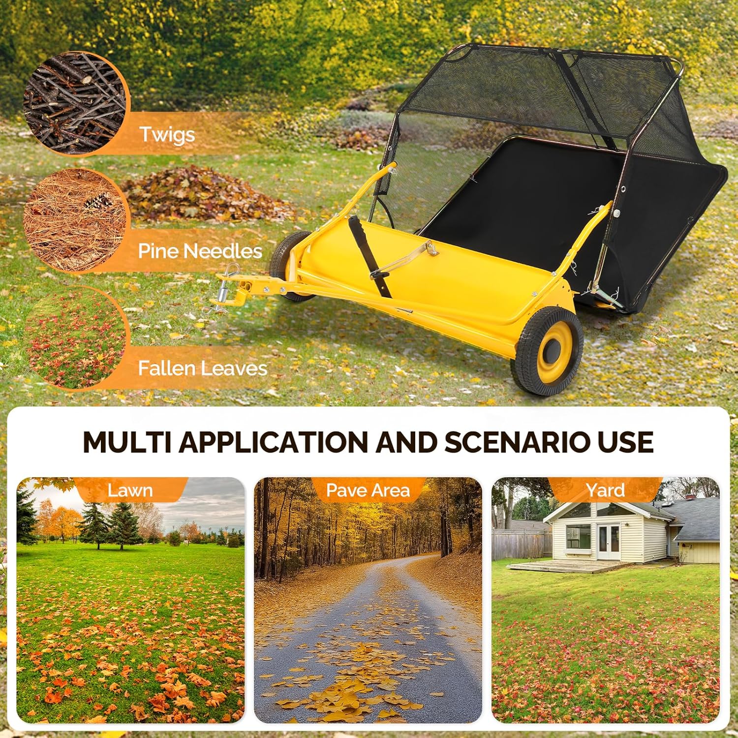 VINGLI 42 Inch Garden Lawn Yard Sweeper, 12 cu.ft. Heavy Duty Tow-Behind,Pull-Behind Leaf Collector with Quick-Release Bag for Leaves, Grass & Debris on Lawn, Yard, Garden & Artificial Grass