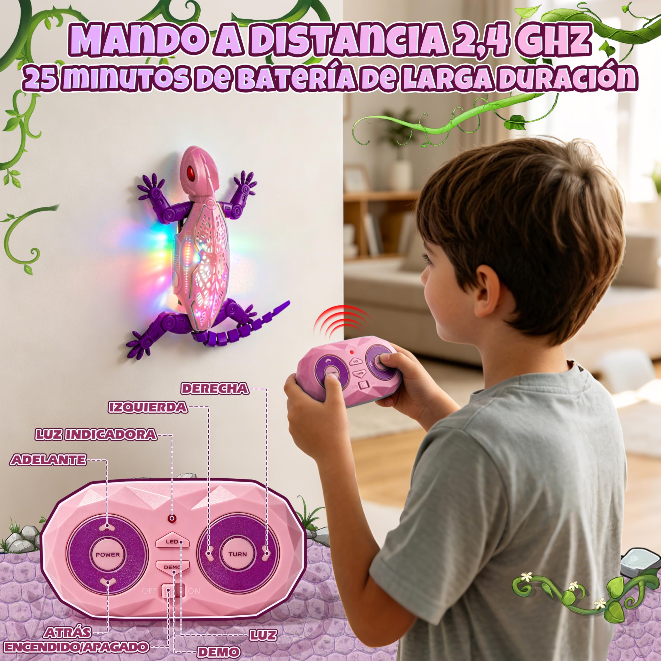 FORMIZON Lagartija Teledirigida con 9 Iluminación, Lagarto teledirigido Pared, Geko Teledirigido Juguete Movimientos Realistas, Regalo Interactivo de Robot para Niños y Niñas a Partir de 3 A (Rosa)