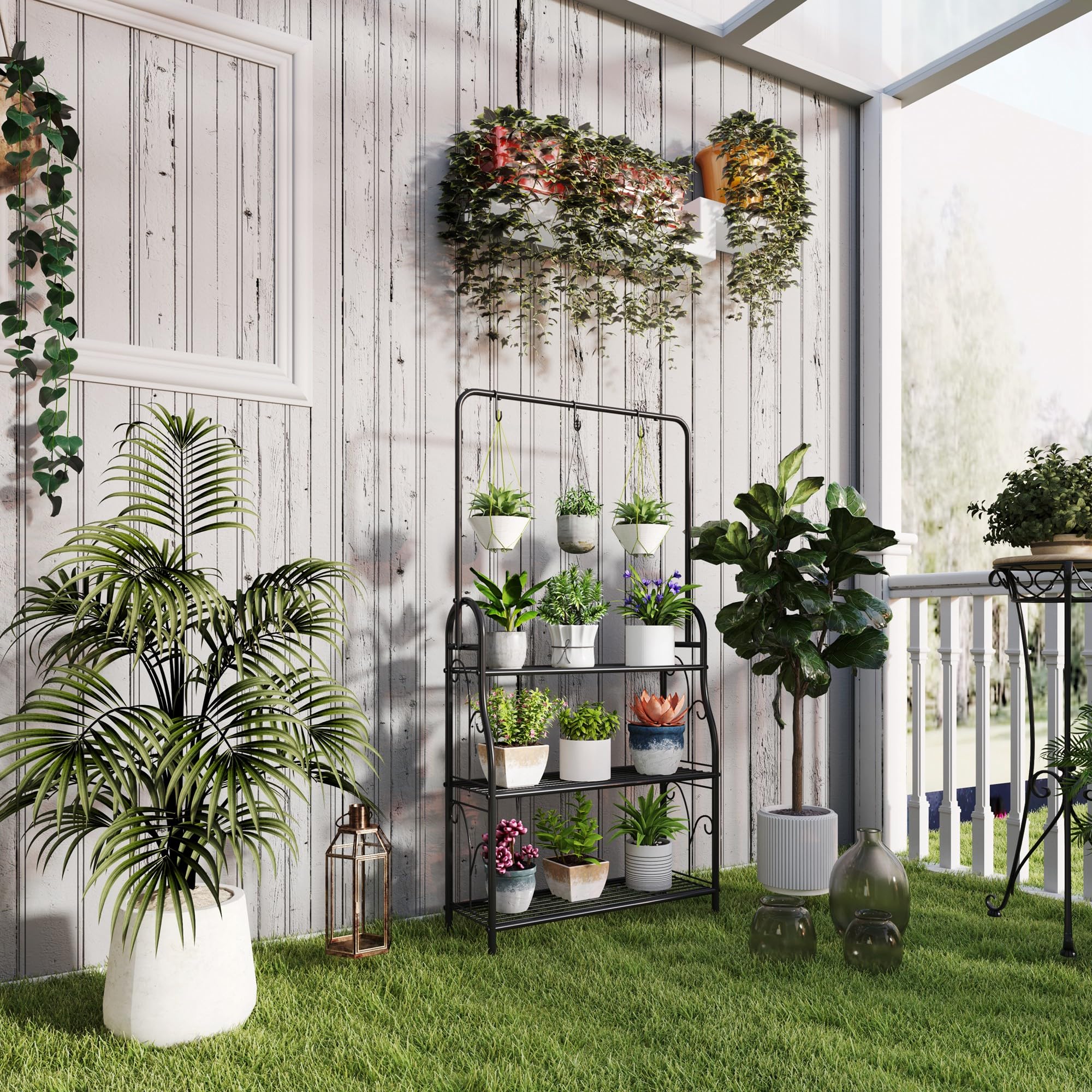 Outsunny Étagère à fleurs 3 niveaux pour Intérieur Extérieur Métal Noir | Support de Plantes, Tige de Suspension, 3 Crochets, pour Balcon, Salon, Chambre, Jardin