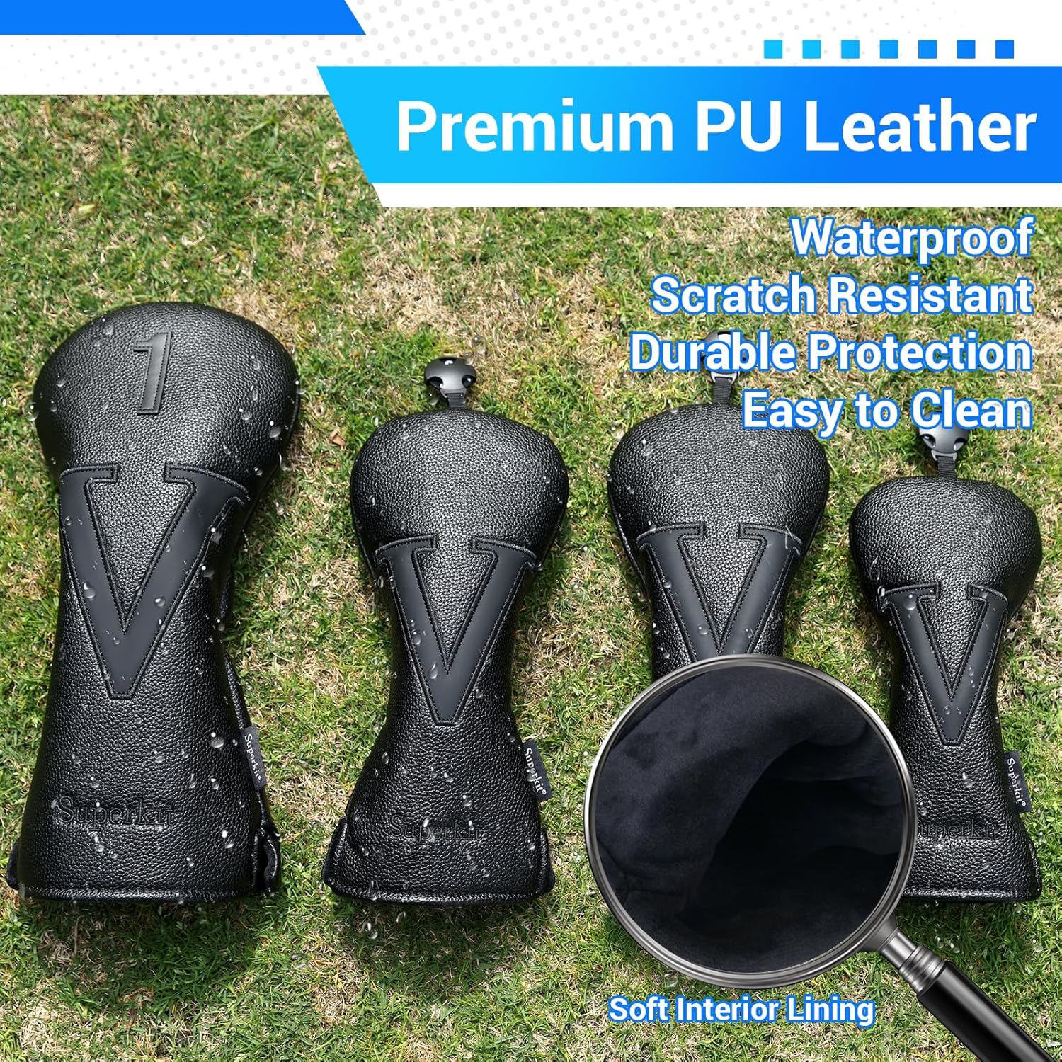 Golf Wood Head Covers Set of 4, PU Leather Golf Club Head Covers for Driver 1 Fairway Woods 3 5 Hybrid (X/UT), Waterproof Protective Wood Headcovers, Universal Fit, Golf Accessories for Men