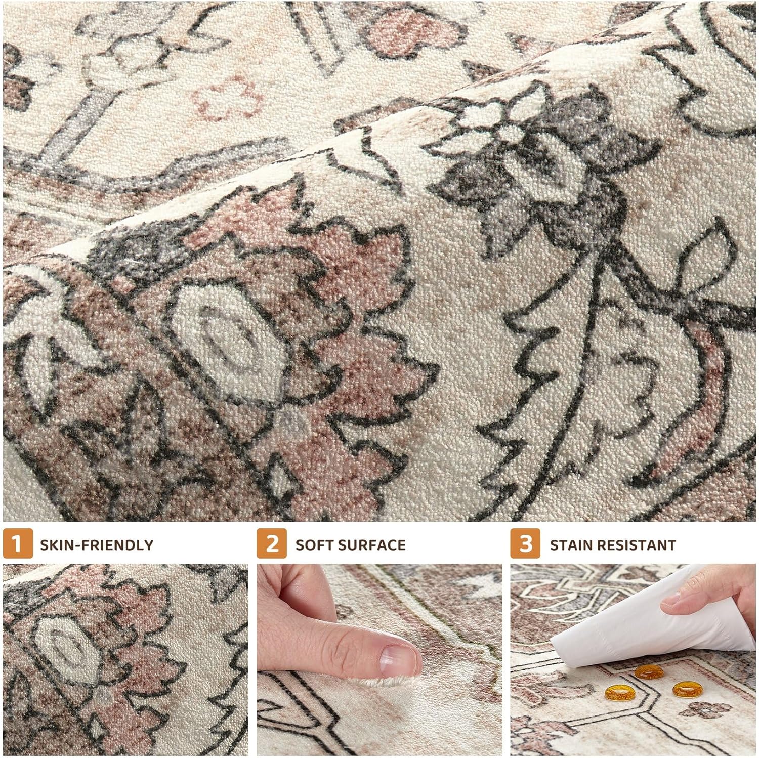 Vintage Area Rugs 5x7 Washable Light Brown, Non-Slip Low Pile Stain Resistant Carpet for Living Room Dining Room, Traditional Large Retro Bedroom Kid & Pet Friendly Floor Home Decor