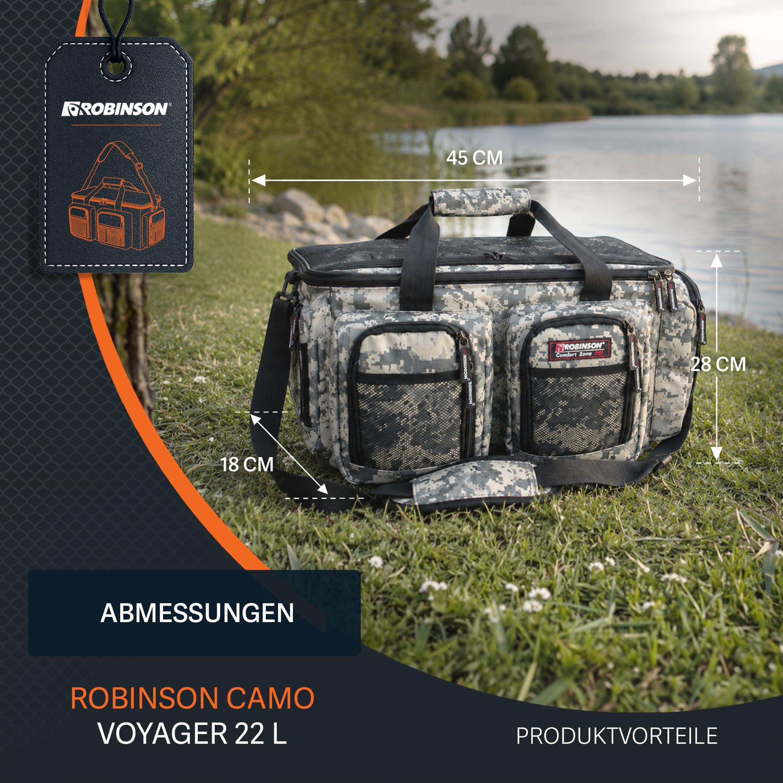 Robinson Angeltasche - Tackletasche mit Schaumpolsterung, Strapazierfähiges Reißfestes Material, Verstellbarer Tragegurt, Mehrere Außentaschen - Camo Voyager (L (22L) - 45x18x28cm)