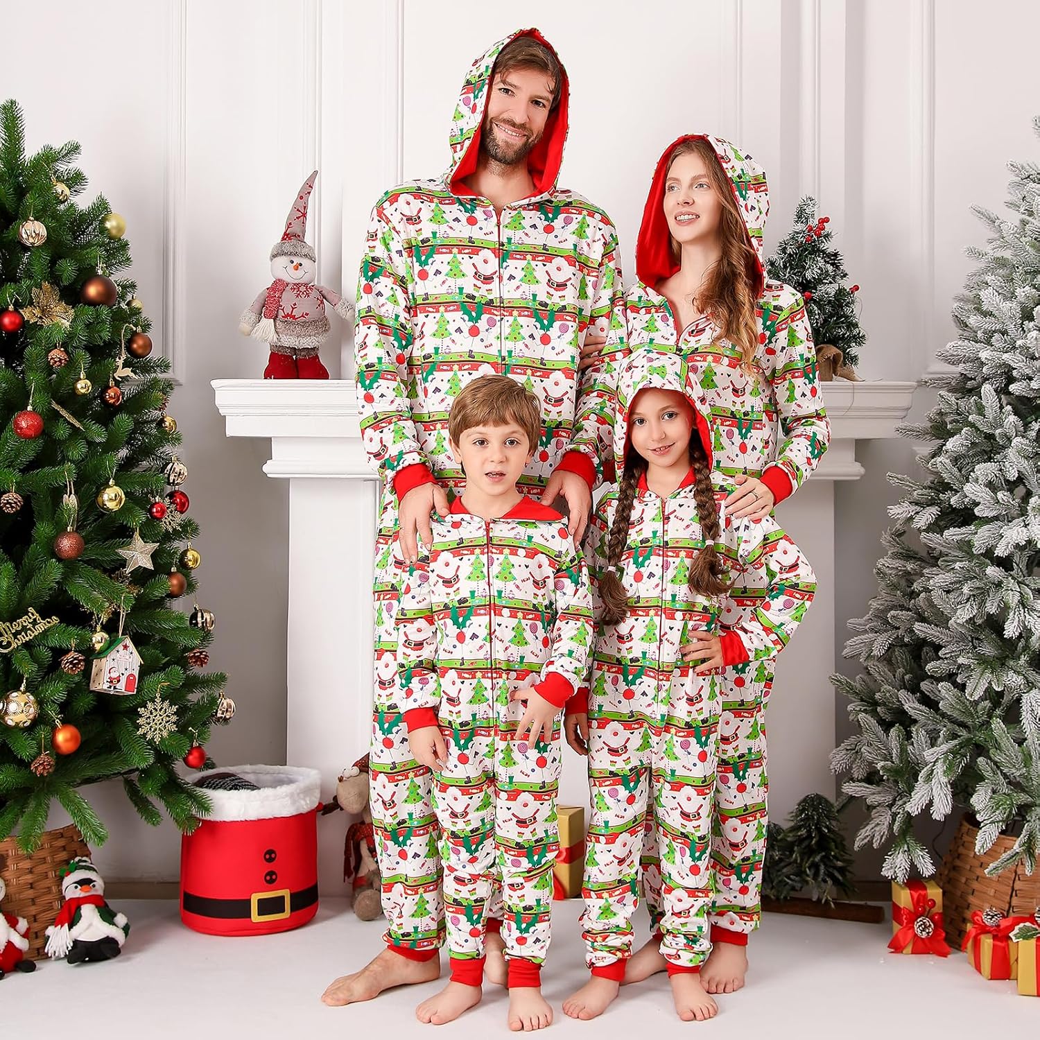 ANGELGGH Family Matching Christmas Onesie, Cute Vacation Reindeer Print One Piece Pajamas, Hooded Holiday Sleepwear Nightwear Women X-Large Striped Santa Tree