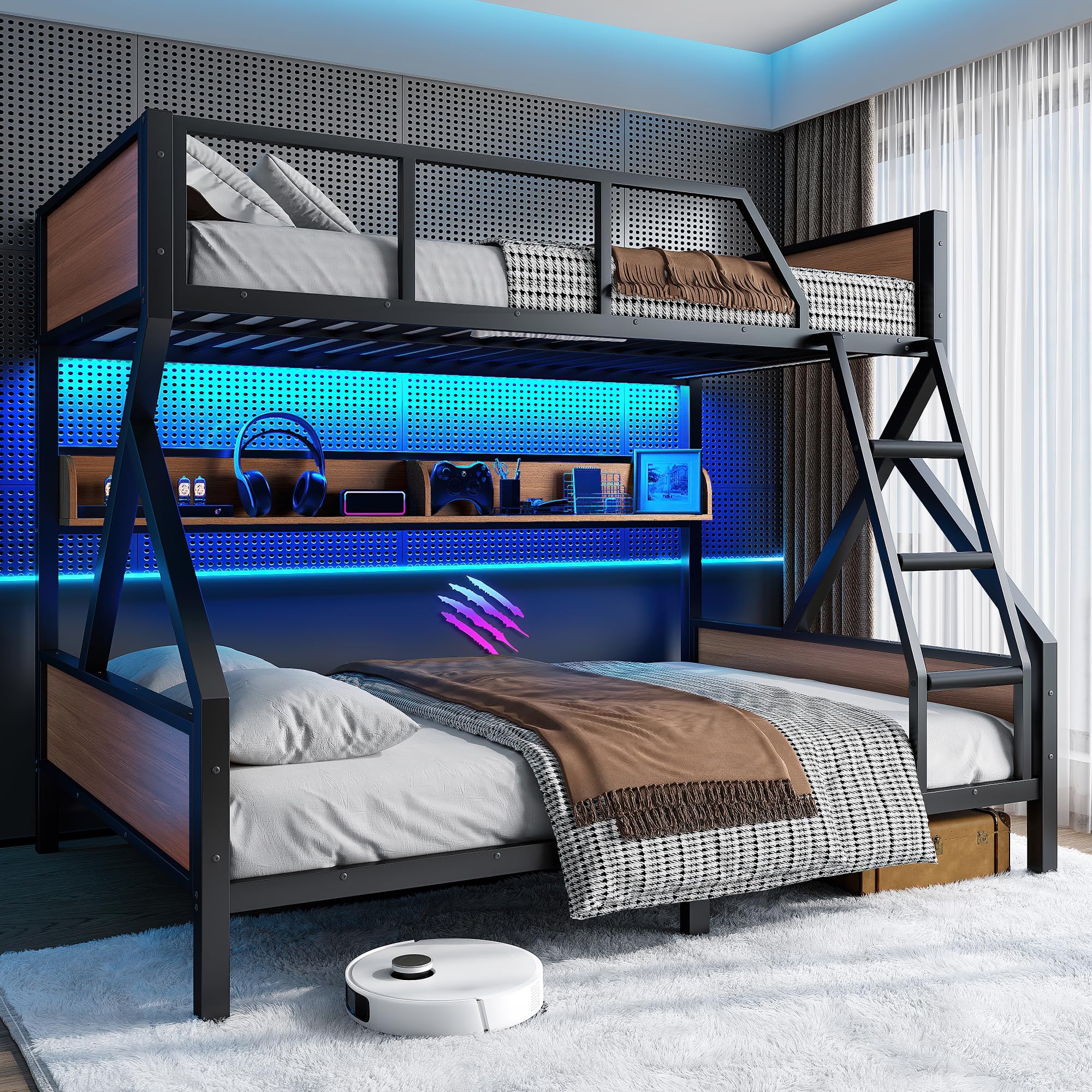 Bellemave Full XL Over Queen Size Bunk Bed with Storage Shelves and LED Lights,Heavy Duty Adult Bunk Beds with Angled Ladder,Metal Queen Bunk Bed,