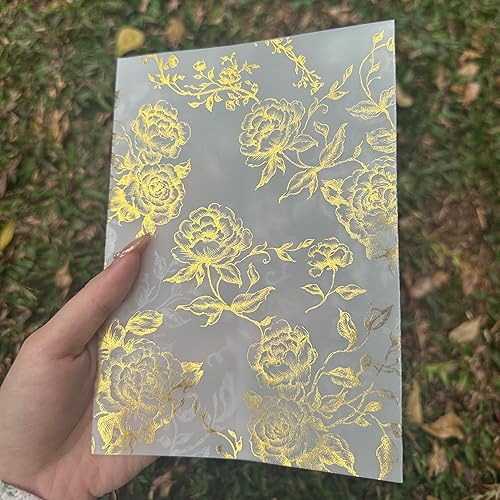 Miniatura 8 de Puremigo Paquete de 50 chaquetas de vellum preplegadas para invitaciones de 5 x 7 pulgadas, patrón de lámina de oro rosa, chaquetas de papel de