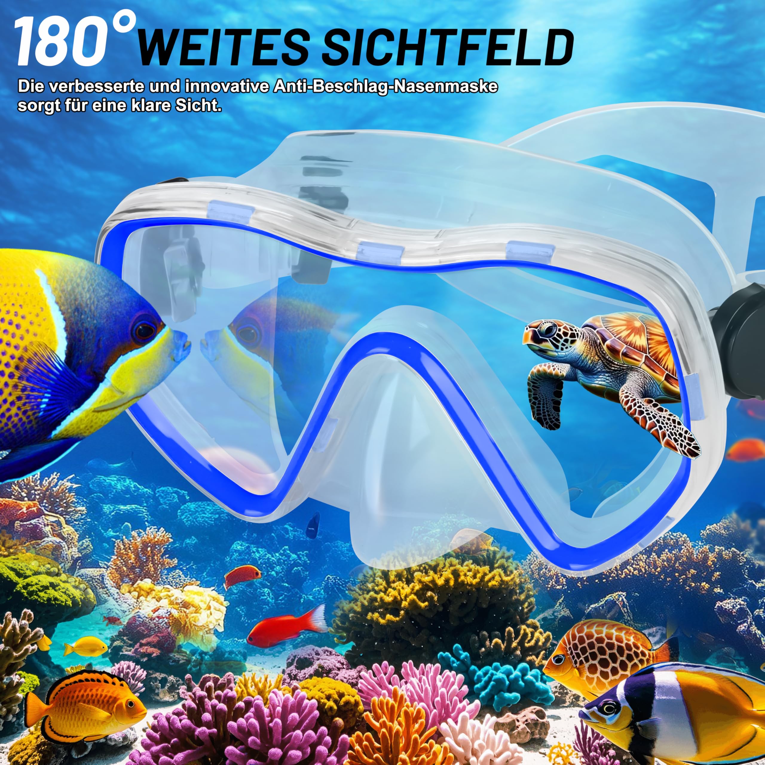 IEEILULU zestaw do snorkelingu dla dorosłych, 7-częściowy sprzęt do snorkelingu z goglami do nurkowania, płetwami, suchą fajką do nurkowania (Blue, S/M)