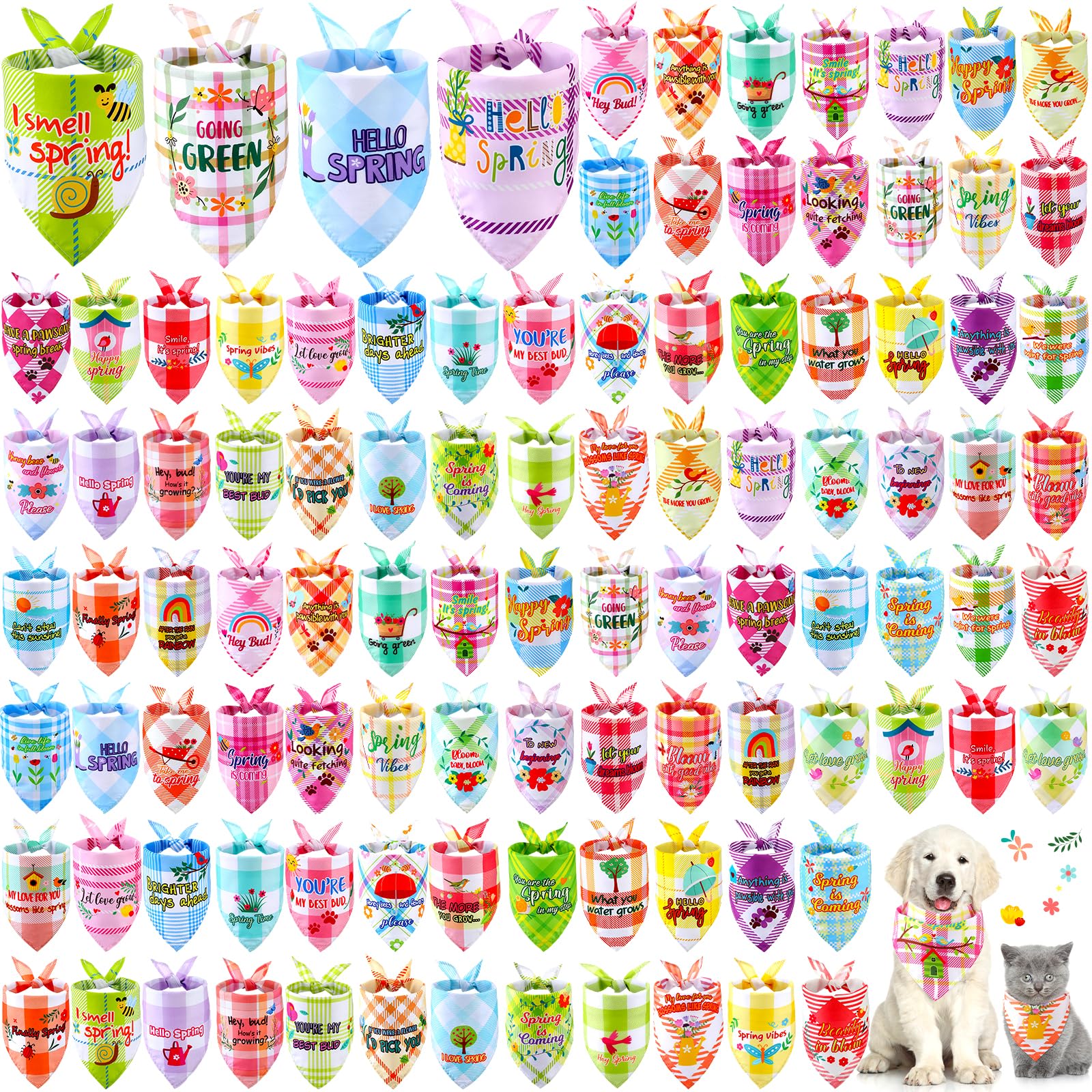 Sweetude 100 Pcs Spring Plaid Dog Bandanas Bulk with Sayings Spring PET Scarf Bibs Adjustable Washable Kerchief Seasonal