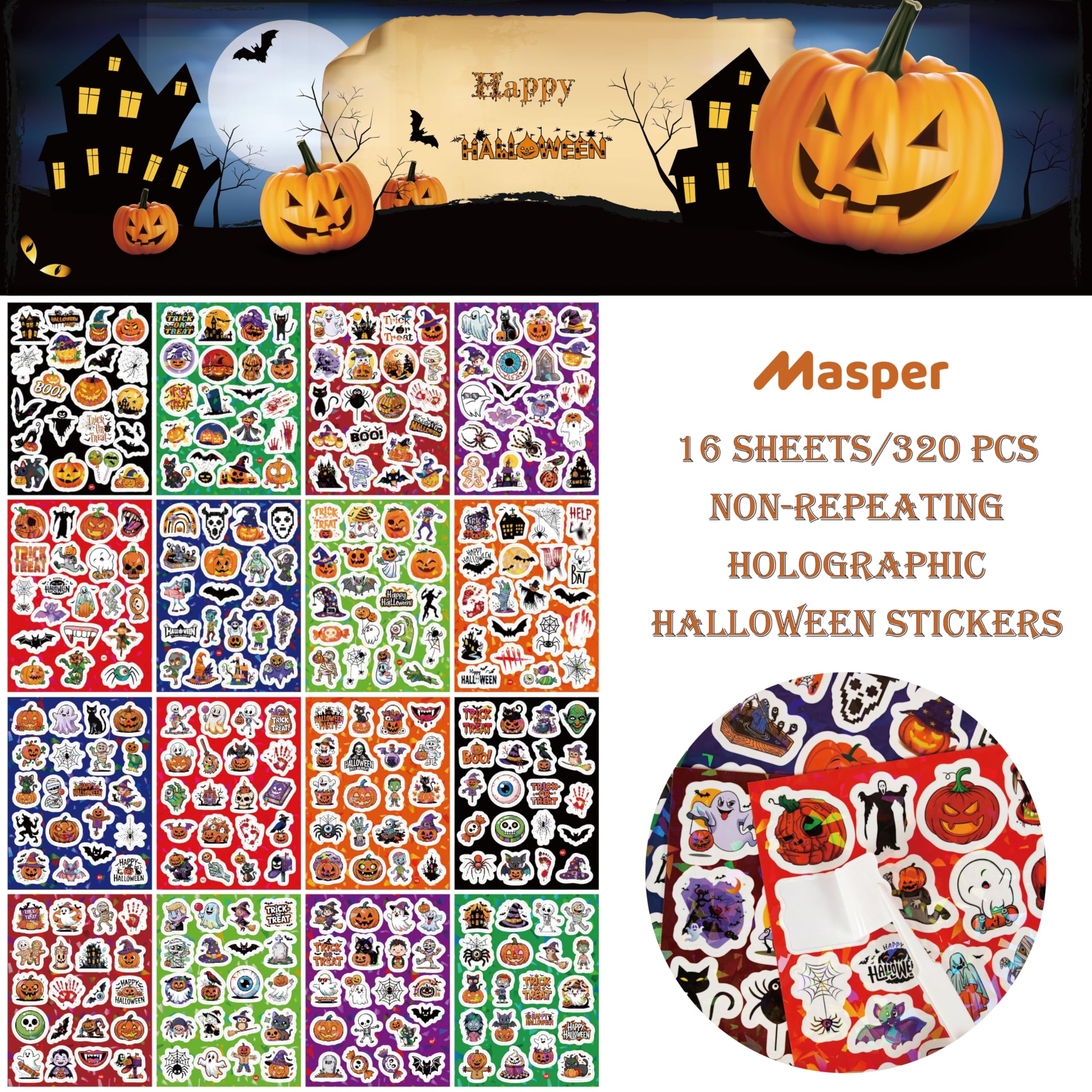 Masper Halloween Stickers, 16 Sheets/320 Unique Happy Halloween Stickers - Image 2