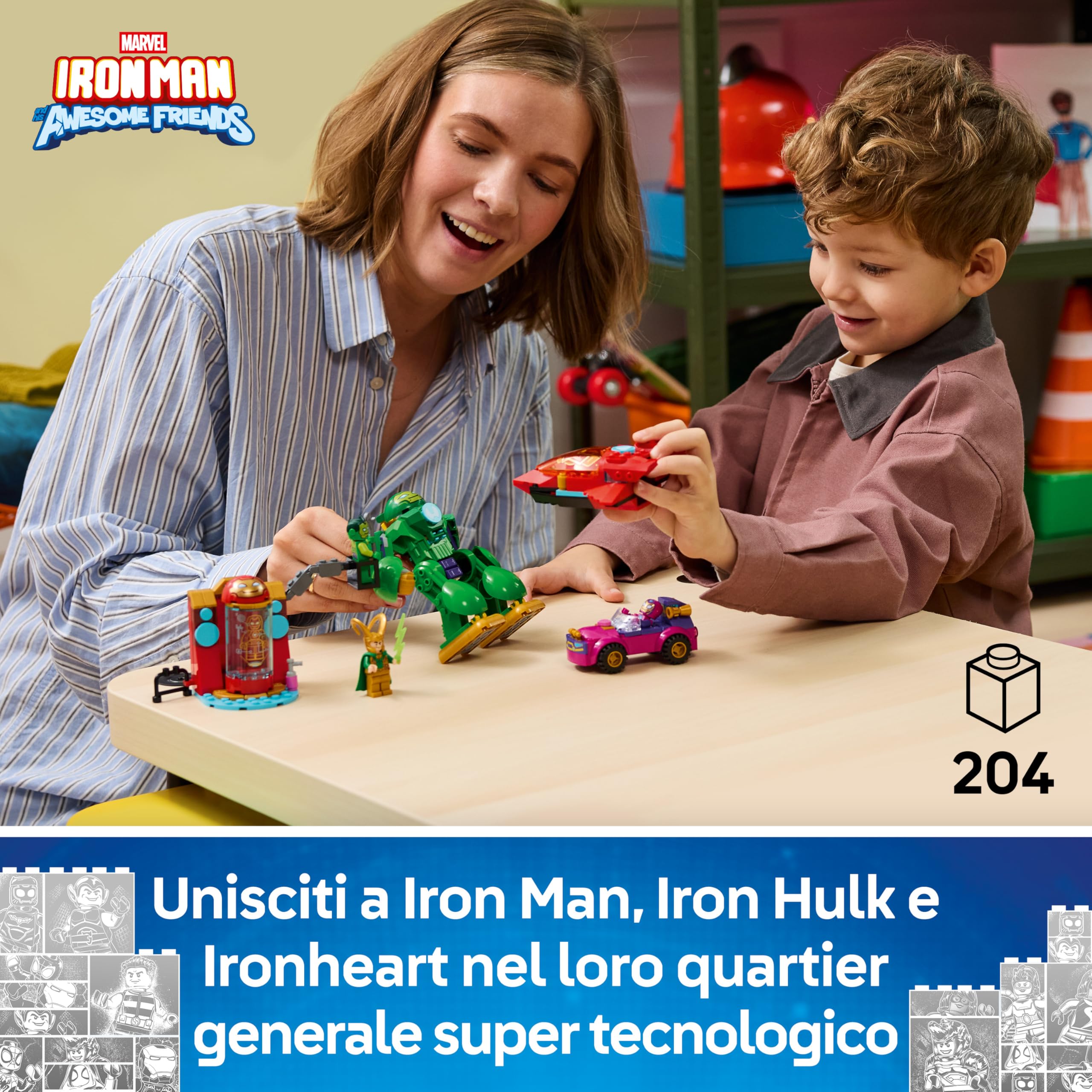 LEGO | Marvel Loki vs. Team Iron Man - Giocattolo da Supereroi con Auto, Aereo, Action Figure Mech e 4 Minifigure - Regalo Bambini da 4 Anni Fan dello Show Iron Man e i Suoi Fantastici Amici - 11211
