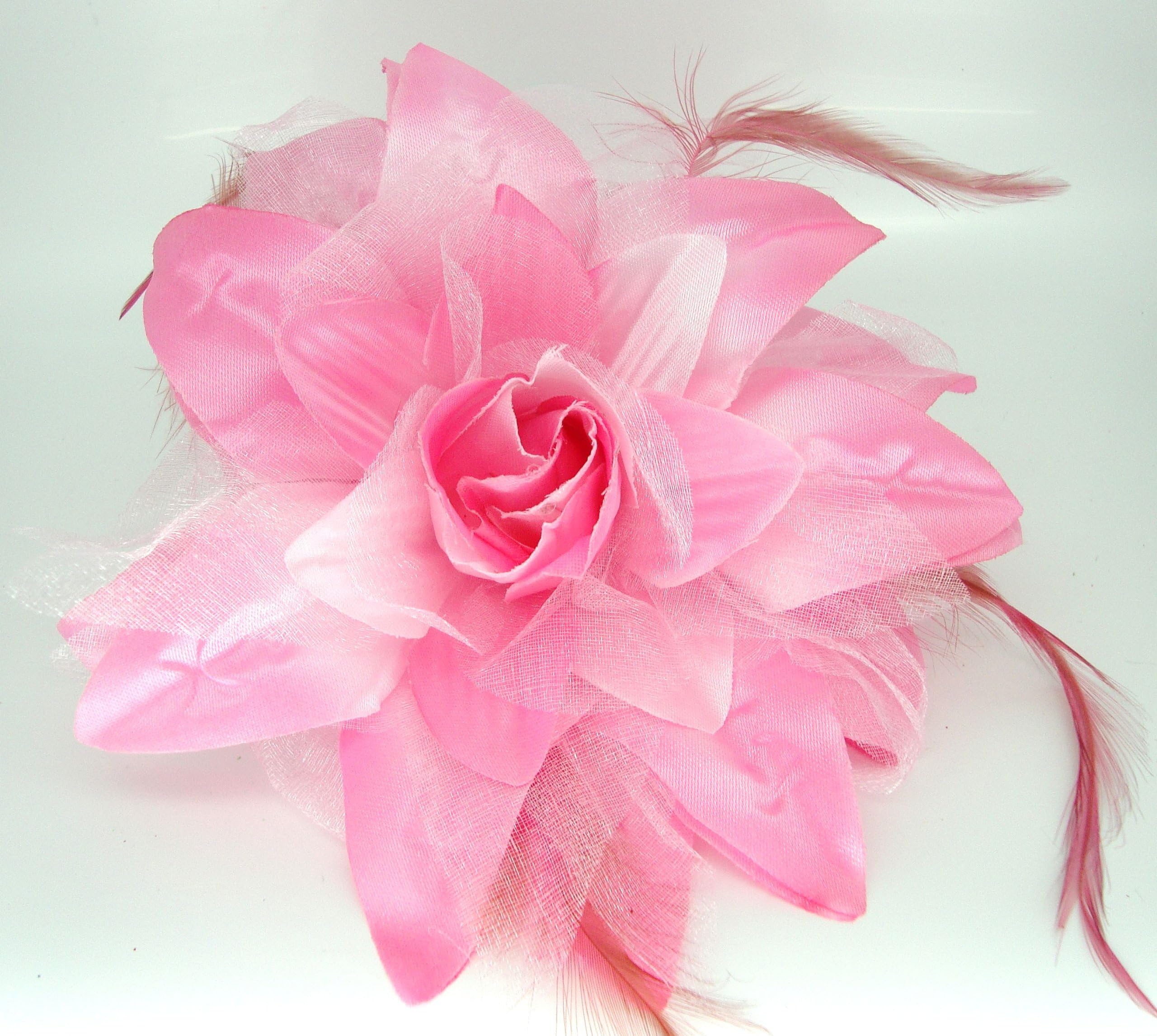 Jay Jewellery - 6" Pink, silk , and organza lily leaf flower with feathers corsarge, Hairclip & brooch