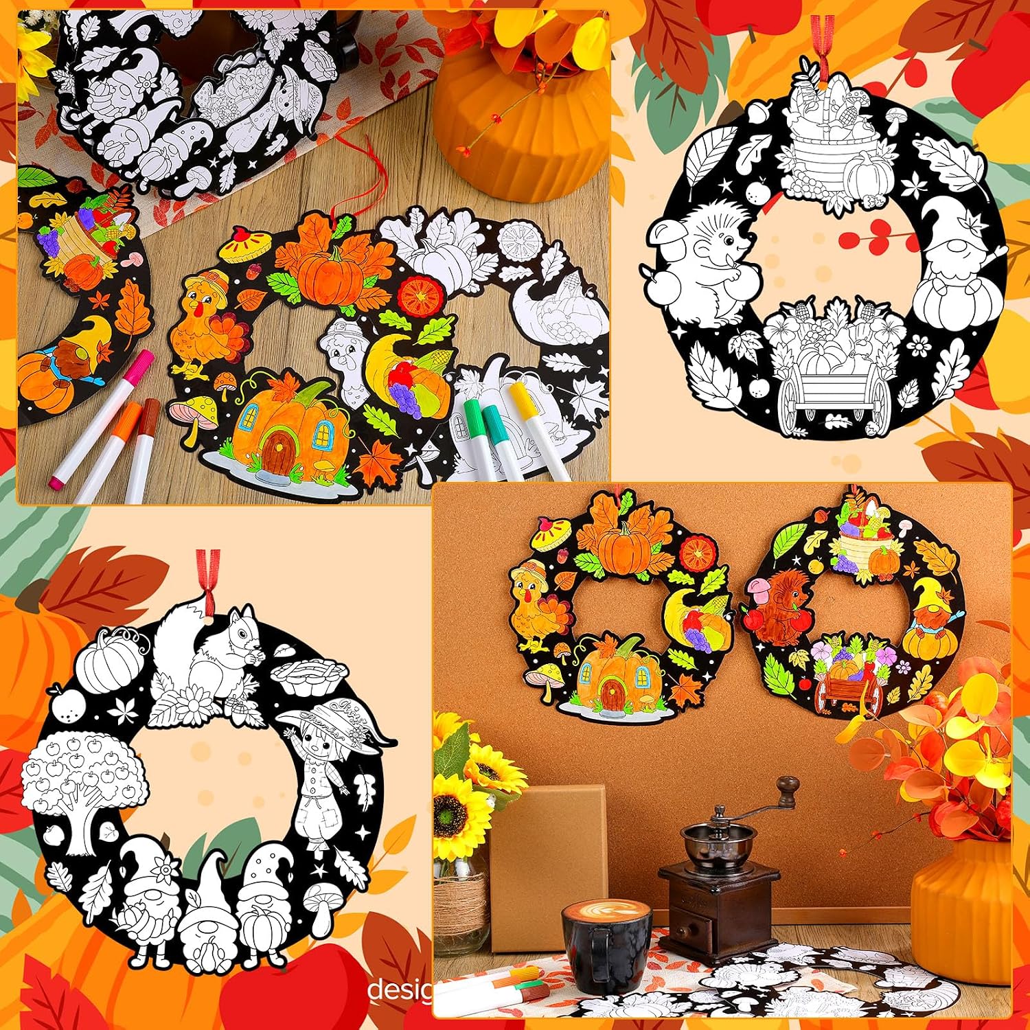 Epakh 30 Fall Crafts for Kids, Color Your Own Thanksgiving Wreath Kits image 3