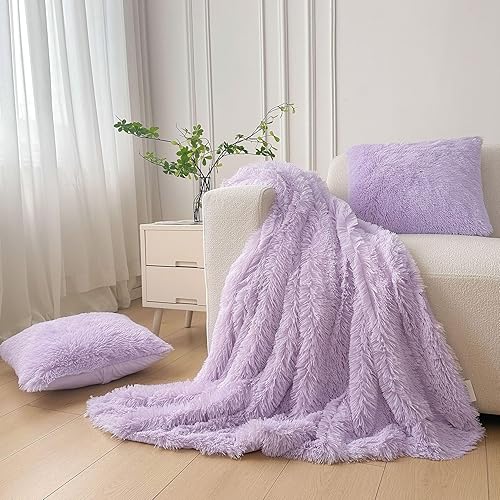 Miniatura 12 de XeGe Juego de 3 piezas de manta decorativa de piel sintética suave, manta esponjosa y peluda decorativa de 50x60 pulgadas, manta de felpa lanuda