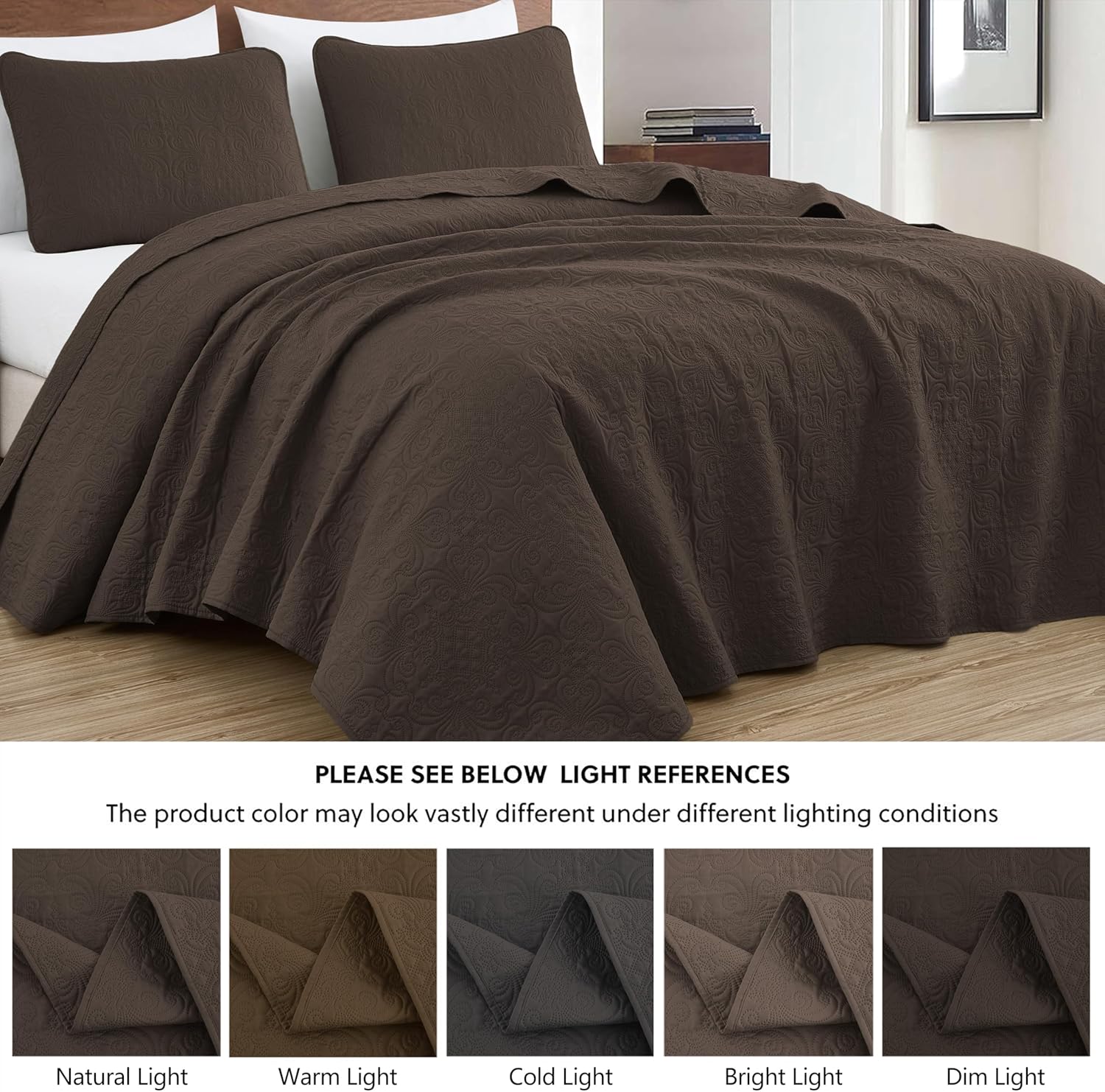 Chezmoi Collection Luca 3-Piece Oversized Bedspread Set, King Size, Chocolate - Summer Quilt Lightweight Microfiber Bedspread 118 x 106 - Floral Medallion Pattern Coverlet for All Season - Image 5