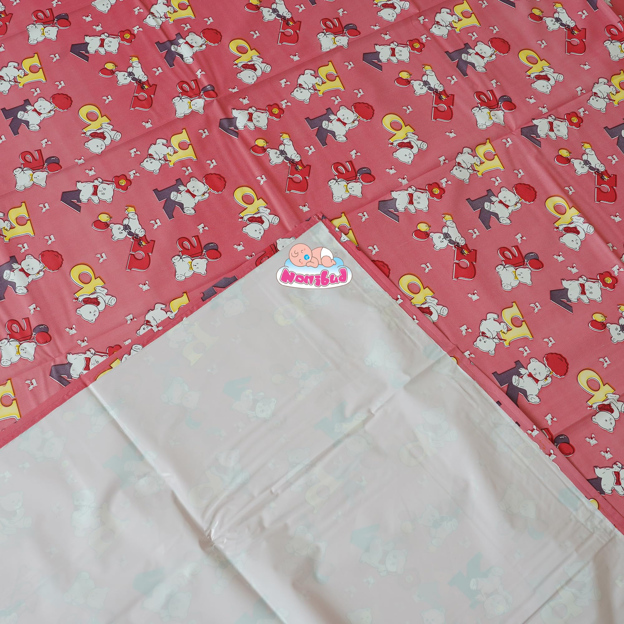 Nonibud Waterproof Plastic Mattress Protection Sheet for Baby and Adult - Double Bed/King Size - 7.5 x 6.5 feet (Pink Alphabet) 2