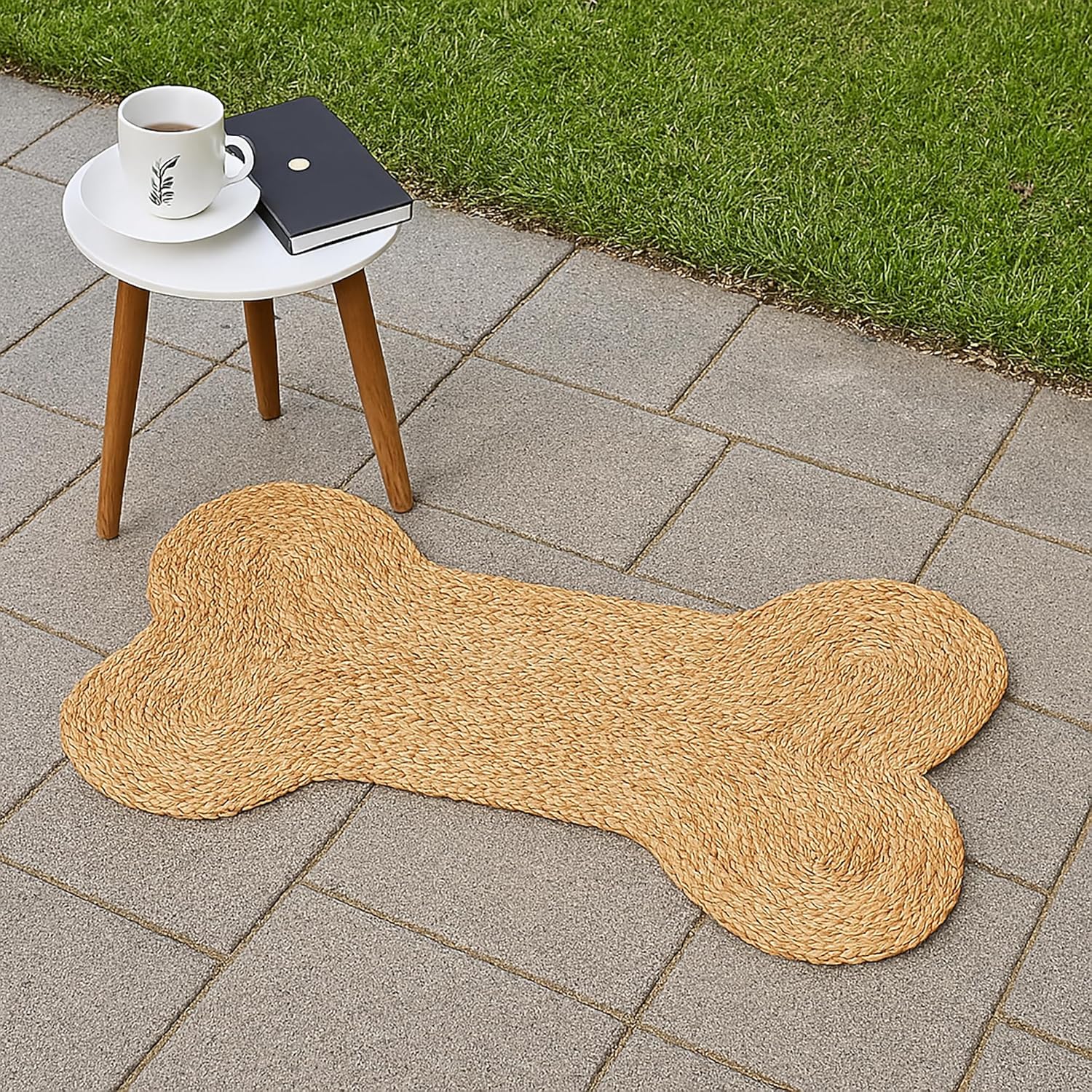 Dog Cat Food Mat Rug, Handmade Braided Jute Rug, Bone Shaped Dog mat, Kids & Pet Friendly Small Area Carpet for Drawing Room Indoor Home Decor (Natural 12" x 18")