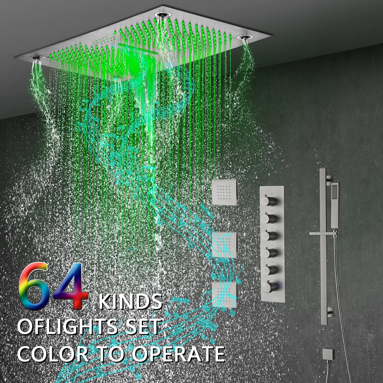 Cascada Luxury 16”x28” Music LED shower system with built-in Bluetooth Speakers, 5 function (Rainfall, Waterfall, Mist Out let, Body Jet & Hand Shower) & Remote Control 64 Color Lights (Matt Black)