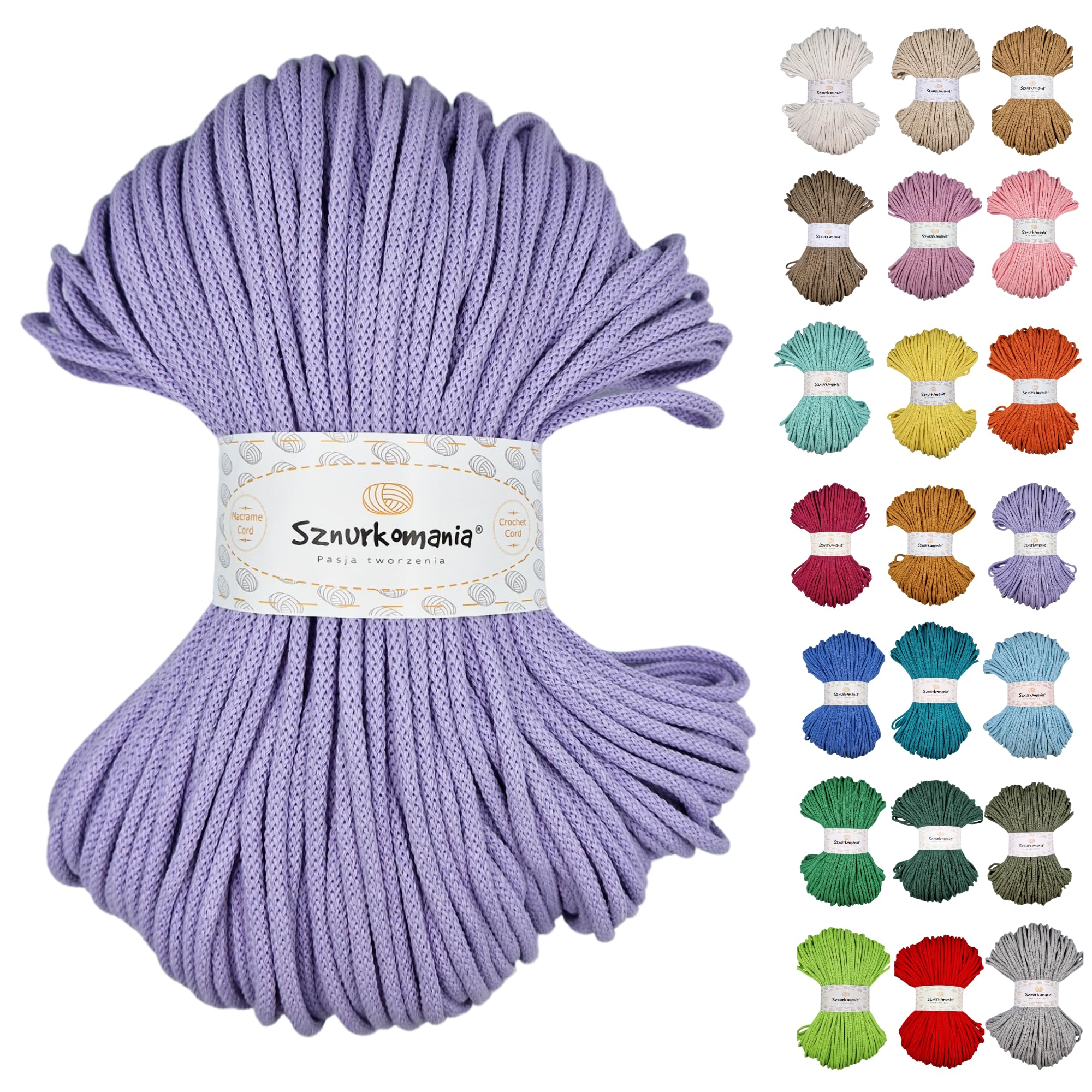 Braided Cotton Cord 5 mm 100 m, 46 Colours, Crochet Cord, Macrame Cord, Macrame Yarn, Premium Yarn, Macrame Rope, Sznurkomania (Lavender)