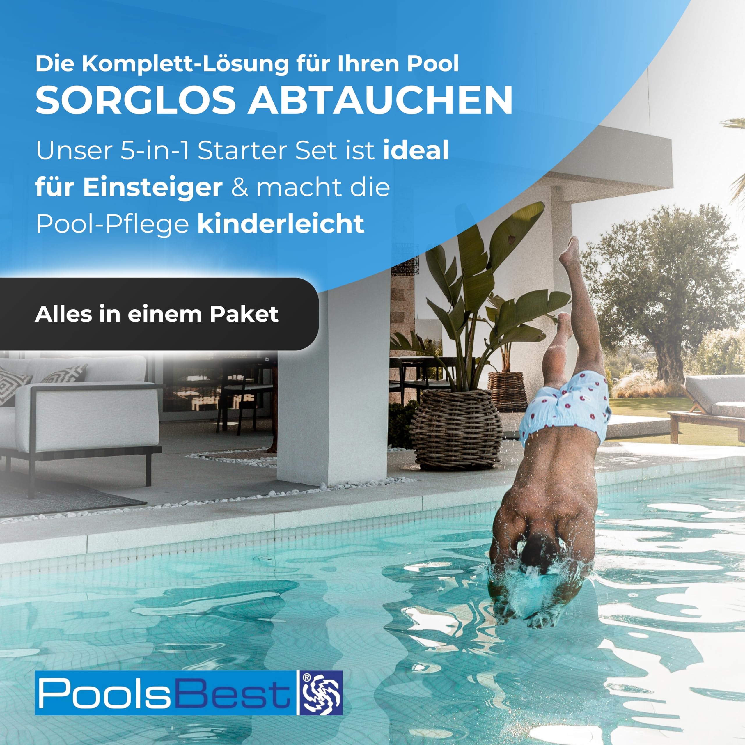 PoolsBest Pool Starter Set 5 in 1 I Pool-Reinigungsset komplett zur Wasserpflege I Pool Zubehör Set für Einsteiger I Mini-Multitabs, Dosierschwimmer, Pooltester, pH-Senker, Chlorgranulat & Anleitung