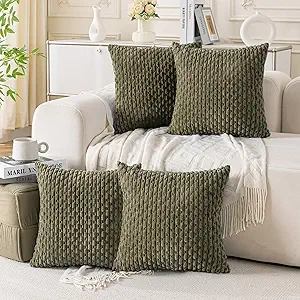 Set of 4 Olive Green Decorative Throw Pillow Covers 18x18 Inch Corduroy Pillow Covers for Bed Couch Sofa Living Room Soft Square Cushion Cases